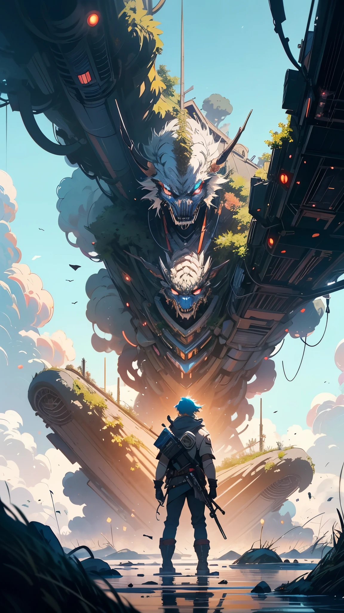 Illustration of a hyperrealistic , otherworldly, ultrasky scene featuring a giant crystal tree full body,very detailed and magical lighting, intricate forest details, vegetation and river around, solarpunk ,landscape, giant tree, beatifull leafy with beautiful lighting and realistic proportions, as if it were a cinematic background, 8k, highest quality, masterpiece, clouds and stars in the sky.Sky, Clouds, holding_weapon, no_humans, Glow, giant mechanical _ trees , city with tall trees _Architecture, “sky, cloud, glowing, big trees ,ghost in the shell, ghost machines, robot, cybernetic _trees, tree_mech, sci-fi, cityscape, realistic, mechanical” Science Fiction, Cities, Rendered in Octane, hyper realistic, 8k, epic composition, cinematic, octane render, artstation landscape vista photography by Carr Clifton & Galen Rowell, 16K resolution, Landscape veduta photo by Dustin Lefevre & tdraw, 8k resolution, detailed landscape painting by Ivan Shishkin, DeviantArt, Flickr, rendered in Enscape, Miyazaki, Nausicaa Ghibli, Breath of The Wild,,trending in artstation, cgsociety, 8k post-processing highly detailed,Junji Murakami, Mucha Klimt, Sharandula, Hiroshi Yoshida, Tom Bagshaw, Ross Tran, Artgerm,Craig Mullins,dramatic,Junji Murakami, moody lighting rendered by octane engine,characters 8K symmetrical arstation, cape,cinematic lighting, intricate details, 8k detail post processing, hyperealistic, octane rend, Zdzisław Beksiński style, ar 2:3 Reality Reality