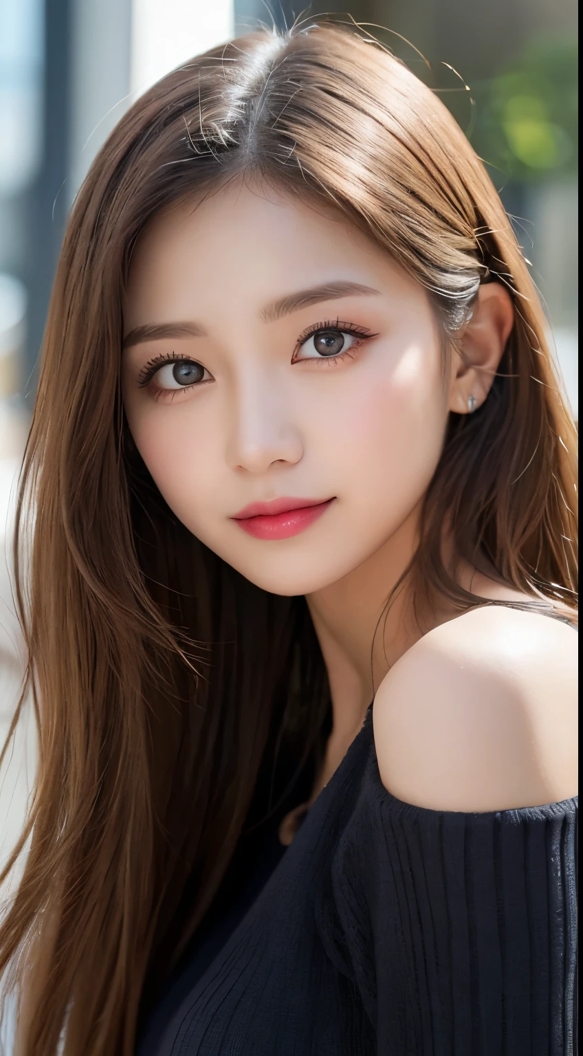 table top, highest quality, shape, Super detailed, finely, High resolution, 8k wallpaper, 完璧なダイナミックな構shape, beautiful and detailed eyes,straight hair,natural color lip, bold sexy pose,smile、20 year old girl、cute、look at the camera,Always blur the background,perfect and beautiful face,Take only the face,Beautiful and dense face、slim face and style,Big eyes、Do gal makeup,small face,gorgeous spring outfit