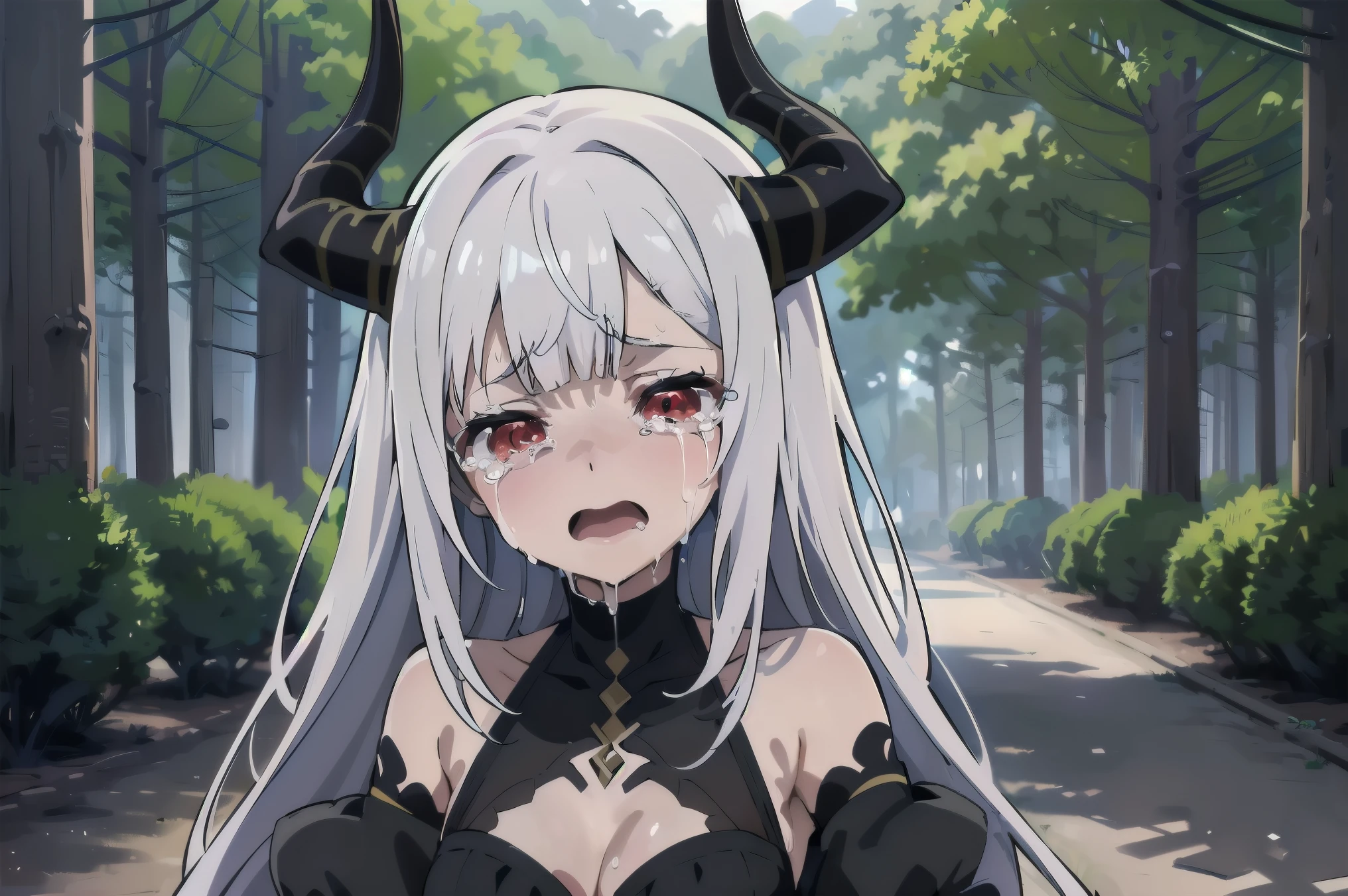 Concept art, ((CG)), ((brava)), (((sleep))), (((sleeping in funny position))), ((((crying with anger)))), ((1girl aranha)), ta, ((((long White hair)))), ((horns)), (((red eyes))), ((((6 eyes)))), ((corpo de aranha)), (((blunt bangs))), ((cabelo emaranhado)), desleixada, ((melhor qualidade)), (((black dress))), ((obra de arte)), (detalhado), ((corada)), rosto perfeito, ((style novel)), cores beautiful, ((((anime_collors)))), ((in forest)), (Solo)