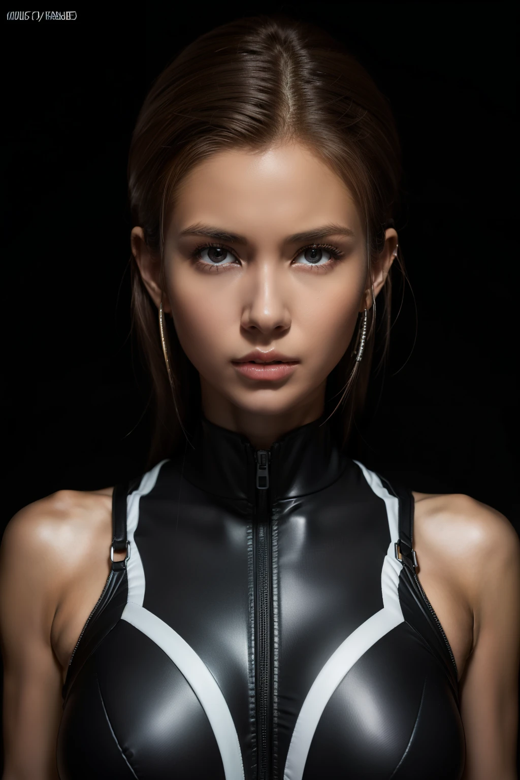 (cybersoldier style aesthetic), bust to waist, (half body), (beauty shape), sensual look, determined, powerful pose, perfect skin, hyperrealistic masterpiece, in extremely complex & superdetailed black and white seamless plugsuit, cinematic illumination, 8k, symmetrical eyes, realistic, sharp focus, HD, highly detailed, intricate details, photography, studio portrait, detailed, cinematic lighting, determined:1,2, brave