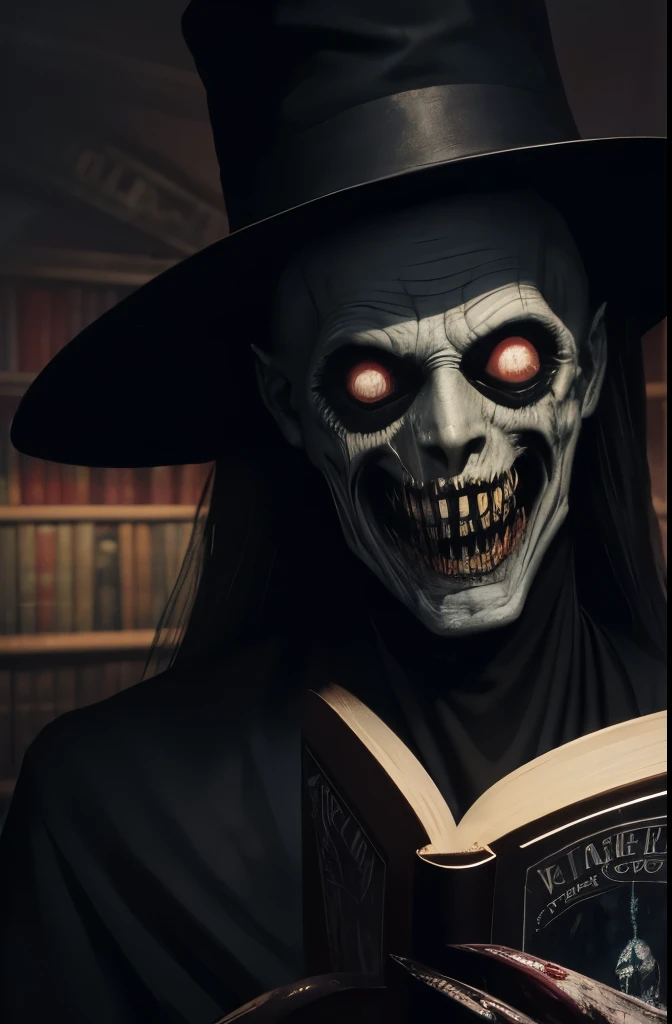 painting of a creepy looking man with a hat and a big grin, Horror fantasy art, ( ( ( Horror art ) ) ), horrible smile. Horror, Horror illustration, Horror painting, nightmarish illustration, Horror macabre face, evil smile, white eyes, reading a book in a library