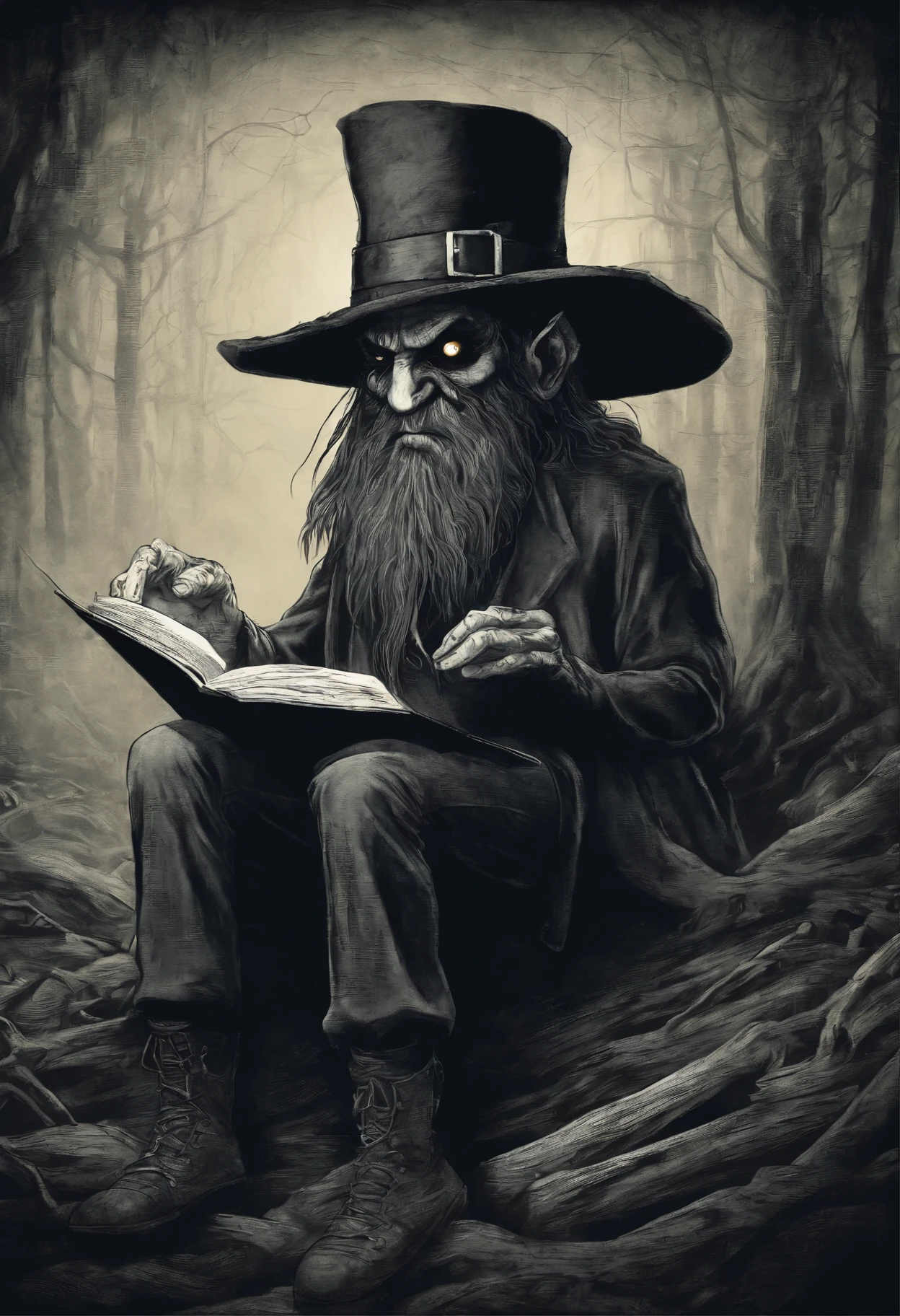 make some 4K animation character, he's a leprechaun, scary face and mysterious background vibes, reading a book