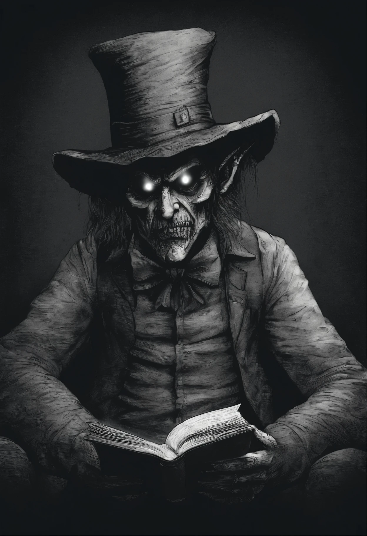 painting of a creepy looking man with a hat and a big grin, Horror fantasy art,  ( ( ( Horror art ) ) ), horrible smile. Horror, Horror illustration, Horror painting, nightmarish illustration, Horror macabre face, evil smile, white eyes, reading a book in a library