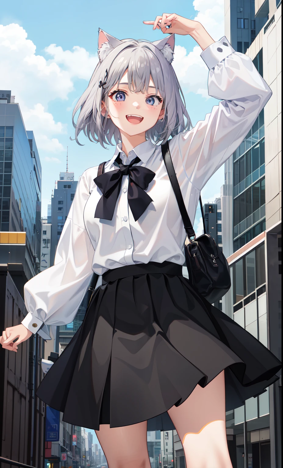 1 girl、laughter、shirt、blouse、skirt、（）I play、movement、（gray hair）、Cat ear、
