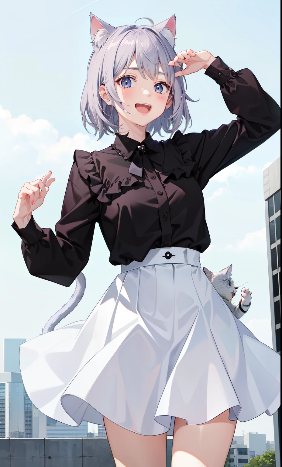 1 girl、laughter、shirt、blouse、skirt、()I play、movement、(gray hair)、Cat ear、