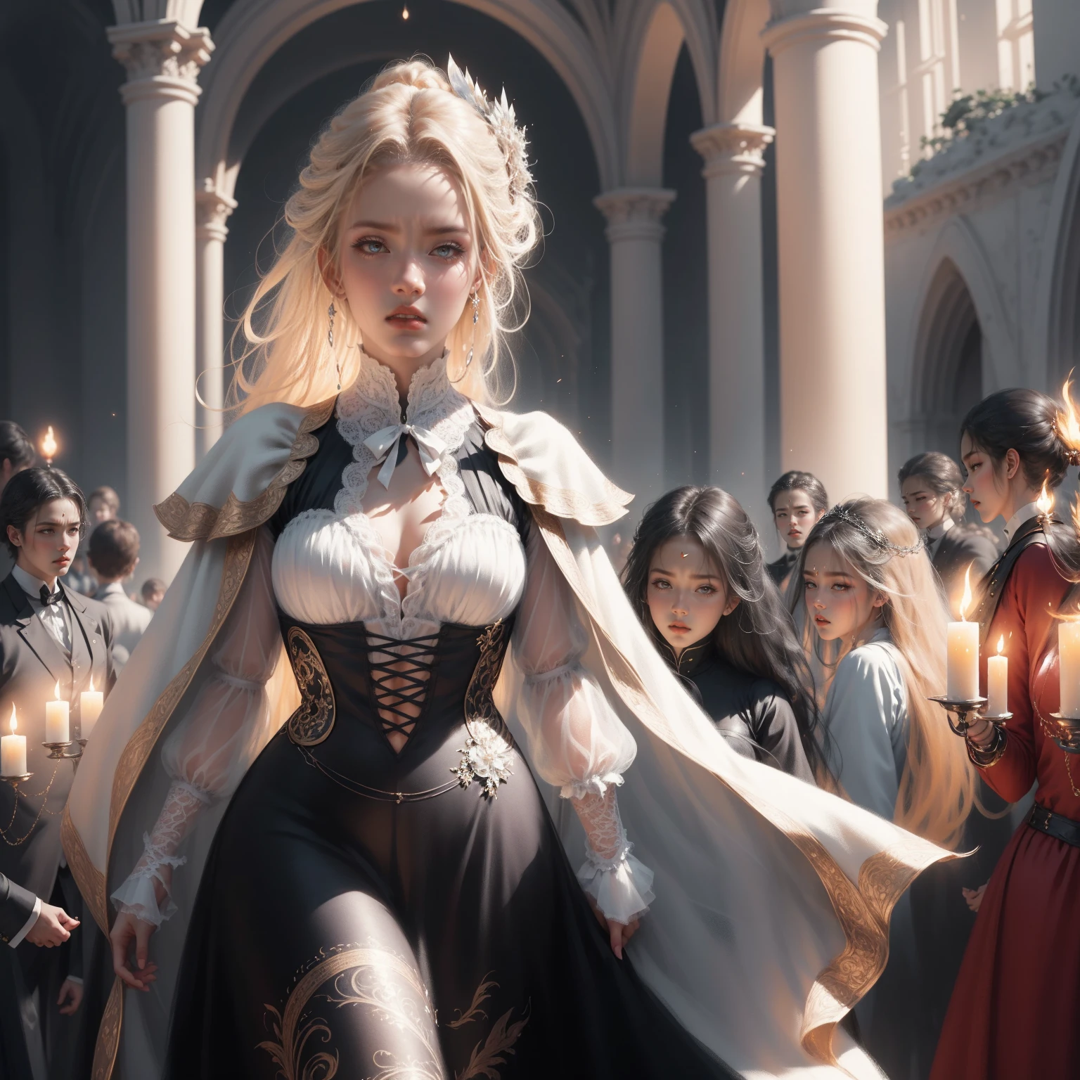 { - ??????? error}(Masterpiece - Ultra-detailed, very high resolution) Prepare to be enchanted by a true masterpiece that combines ultra-detailed art with high-resolution rendering. This work depicts a mesmerizing woman with very long blond hair (1.3) and captivating gray eyes (1.2), emanating an aura of elegance and mystery in Victorian settings. The intricate details and realistic textures invite you to explore every aspect of this enchanting composition. Woman wearing beautiful classic Victorian costume from the year 1878. Red lips. Happy face. Smiling. white (white) dress. Walking, backwards, looking back, dynamic poses. Get ready to dive into a world where beauty and craftsmanship merge perfectly.