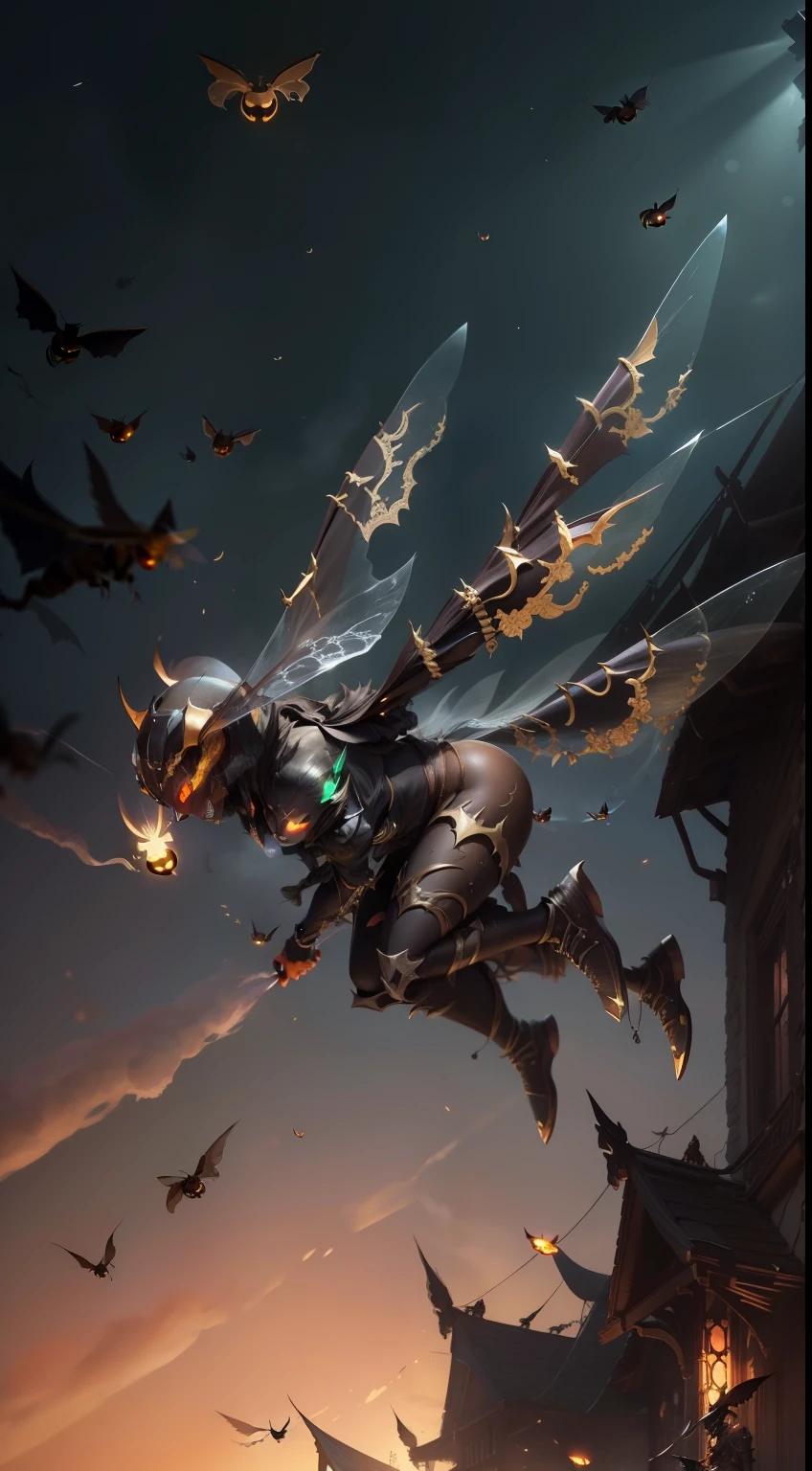 (Illustration of a fast-flying hornet:1.2)、A devil that combines creepiness and beauty、Atrocious、cruel、offensive、Dweller of Darkness、beast、Fusion of humans and flies、fullllbody、(femele:0.6 | hornet:1.8)、Armor from flies、Fiercely piercing with a spear in the hand、Flies flying around