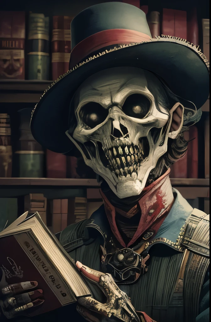 painting of a creepy looking man with a hat and a big grin, Horror fantasy art,  ( ( ( Horror art ) ) ), horrible smile. Horror, Horror illustration, Horror painting, nightmarish illustration, Horror macabre face, evil smile, white eyes, reading a book in a library