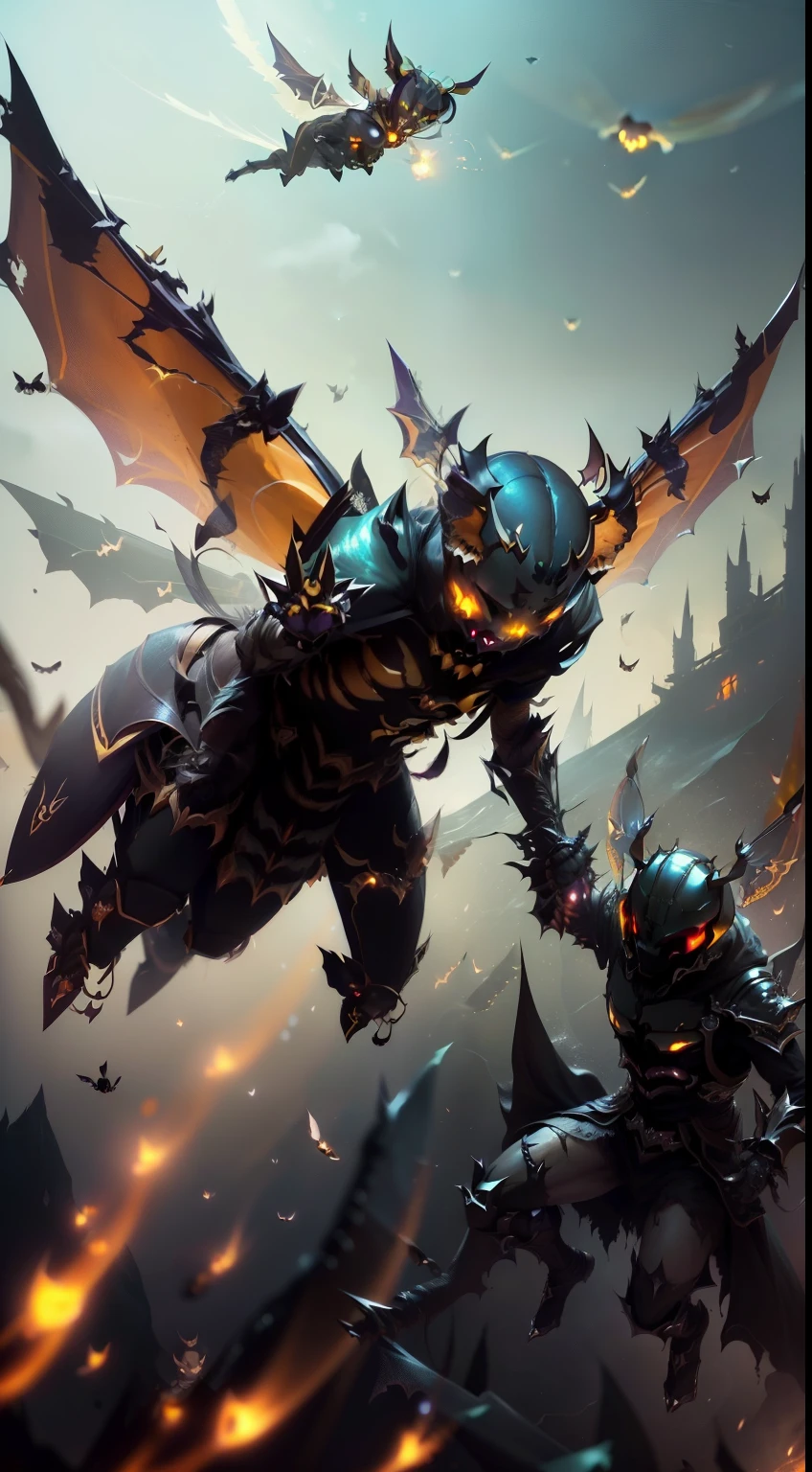 (Illustration of a fast-flying hornet:1.2)、A devil that combines creepiness and beauty、Atrocious、cruel、offensive、Dweller of Darkness、beast、Fusion of humans and flies、fullllbody、(femele:0.6 | hornet:1.8)、Armor from flies、Fiercely piercing with a spear in the hand、Flies flying around