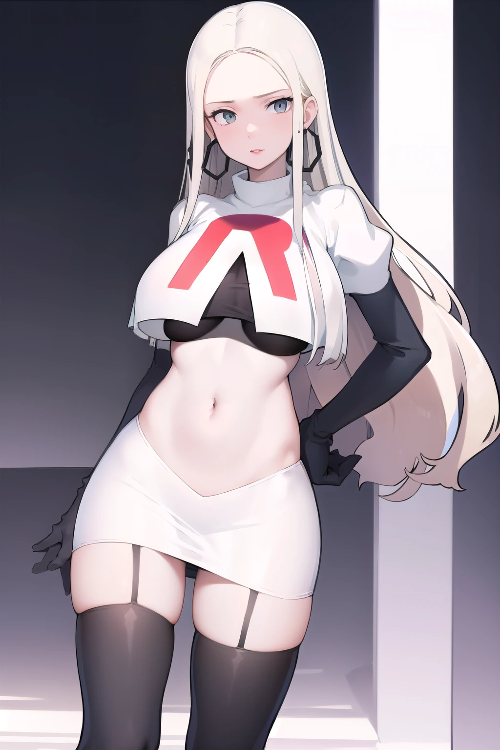 masterpiece, best quality,  oleana, long hair, sidelocks, hoop earrings, lipstick, large breasts, looking at viewer, team rocket,team rocket uniform, red letter R, white skirt,white crop top,black thigh-highs,black elbow gloves,