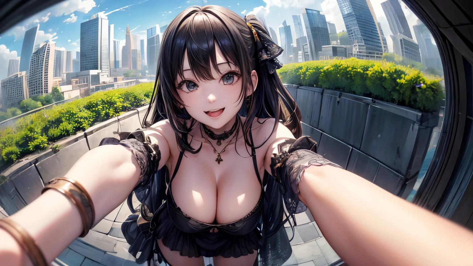 High resolution、Super detailed、(1 girl:1.3)、complex architecture、lush garden、Designing images using the fisheye effect、Capture a wide field of view with a unique curved perspective、panoramic cityscape、Creating elevation-aware rooftop views in urban environments、smile、cleavage、close up of face