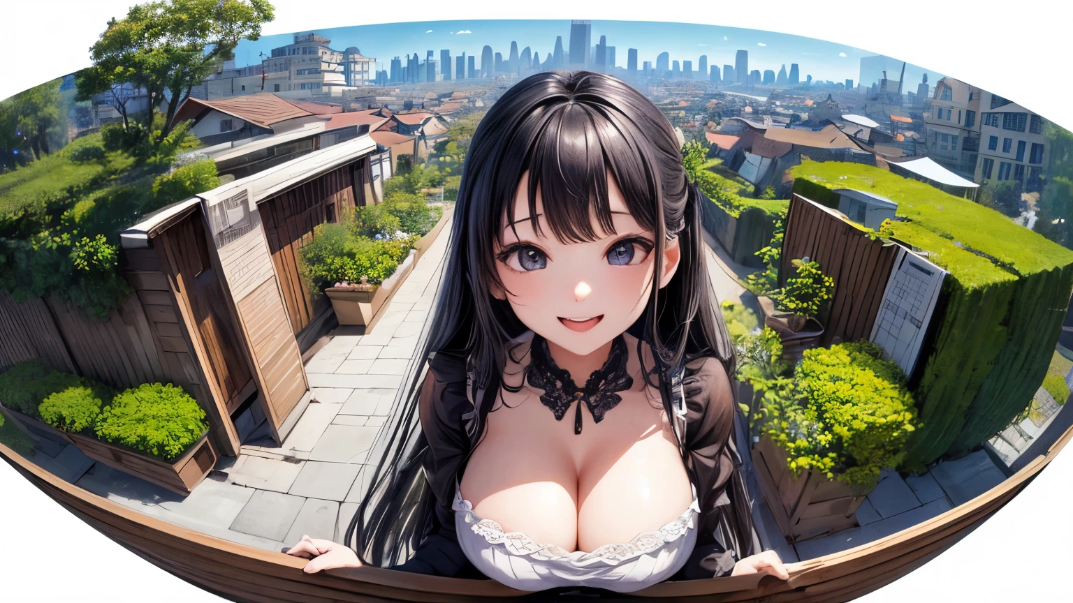 High resolution、Super detailed、(1 girl:1.3)、complex architecture、lush garden、Designing images using the fisheye effect、Capture a wide field of view with a unique curved perspective、panoramic cityscape、Creating elevation-aware rooftop views in urban environments、smile、cleavage、close up of face