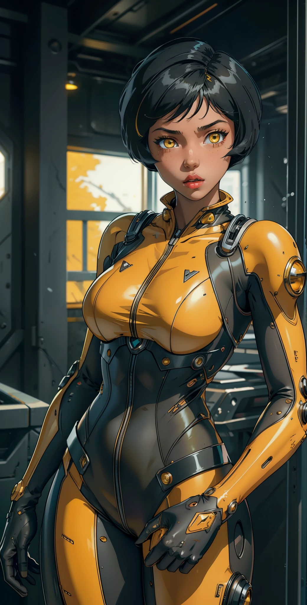 1 girl, solo, (look at viewer), ((Best quality)), ((masterpiece)), (detailed:1.4), ((upper body)), 3D, an image of a beautiful cyberpunk female,HDR (High Dynamic Range), Ray Tracing,NVIDIA RTX,Super-Resolution,Unreal 5,Subsurface scattering,PBR Texturing,Post-processing,Anisotropic Filtering,Depth-of-field,Maximum clarity and sharpness,Multi-layered textures,Albedo and Specular maps,Surface shading,Accurate simulation of light-material interaction,Perfect proportions,Octane Render,Two-tone lighting,Wide aperture,Low ISO,White balance,Rule of thirds,8K RAW, (((yellow eyes))), (((black short hair))), AlexTS, (dark skin:1.2), yellow eyes, black hair, short hair, medium breasts, yellow bodysuit, belt, (( yellow amor))