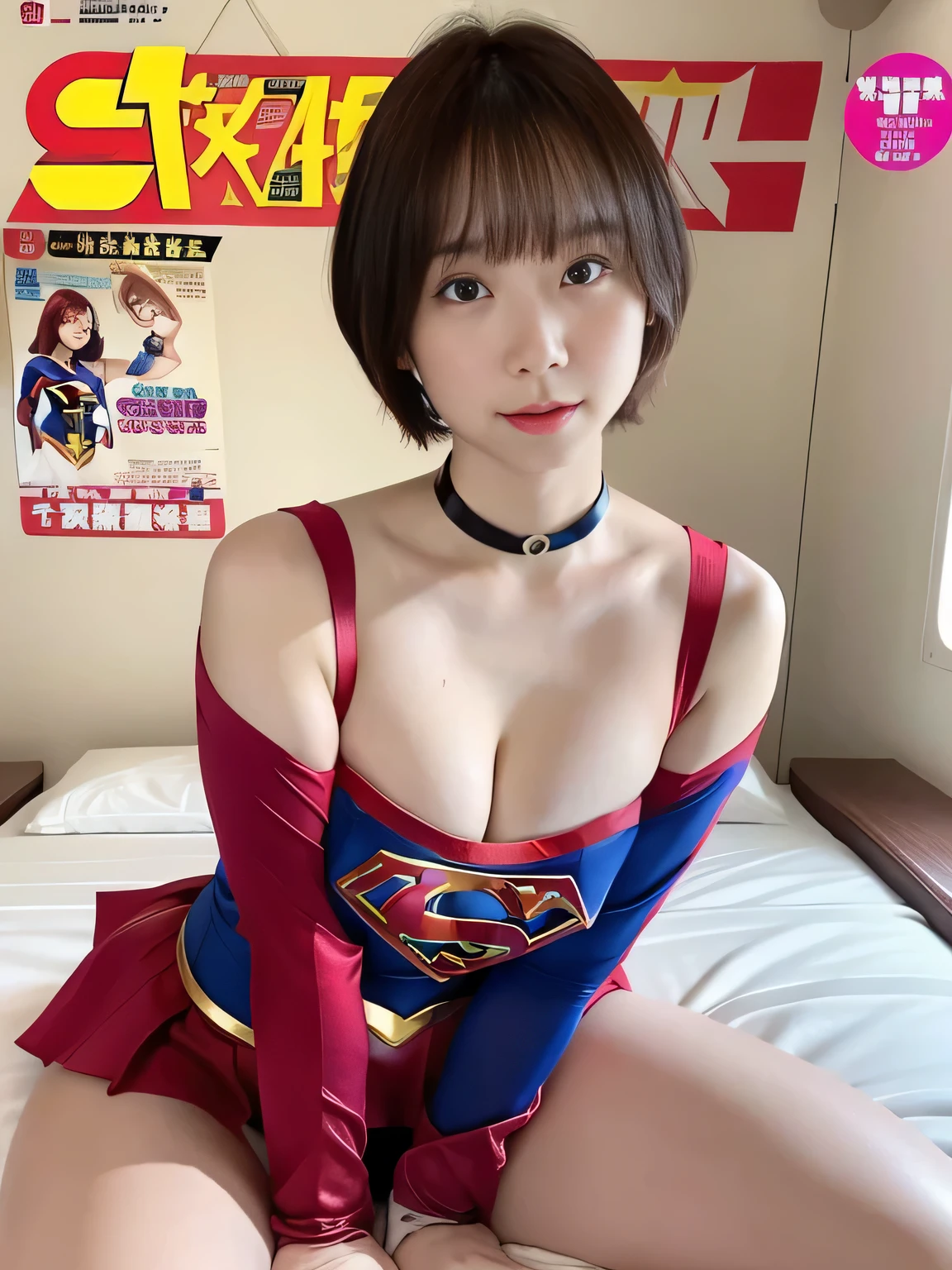 masterpiece、supergirl costume、short hair、barefoot、big and full breasts、hospital bed、Straddling the examination table、sexy pose、athlete、shiny、looking at camera、Seduce、choker、long sleeve、red mini skirt、Weekly magazine cover、