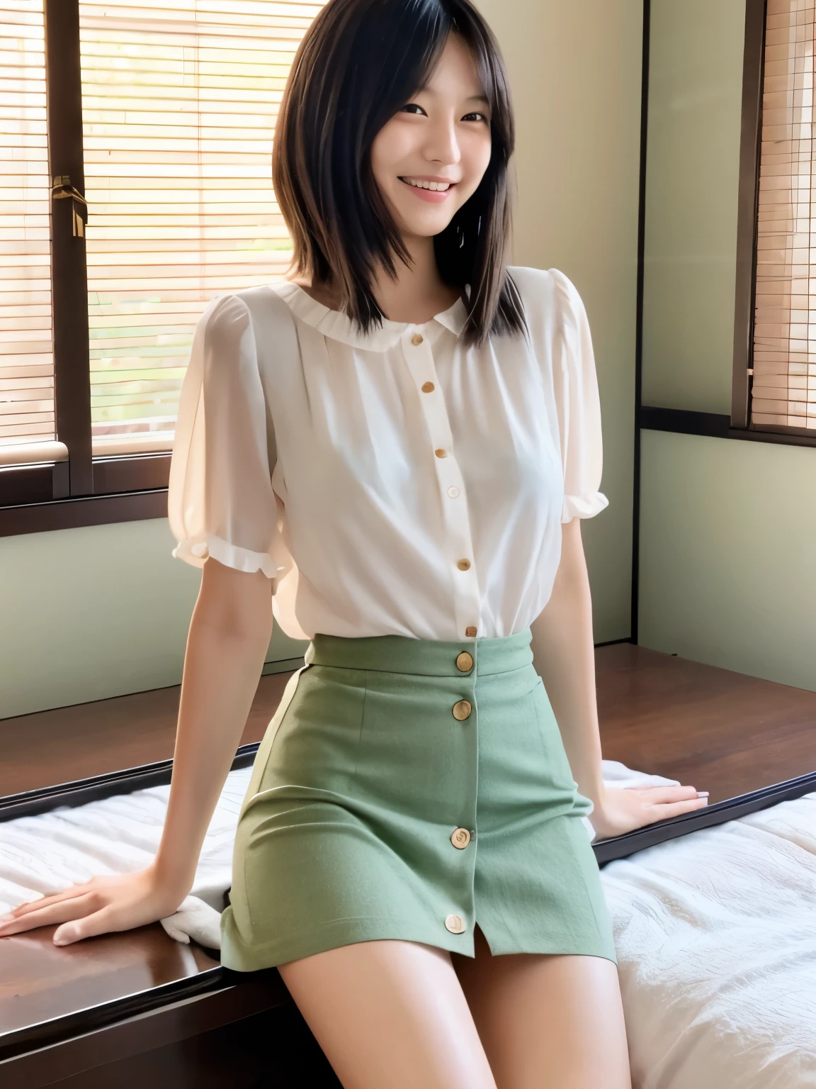 (cute japanese girl), in the bedroom, sexy 18 year old girl, slender body, thin chest, skirt, blouse, thin thighs, fashionable hairstyles, laughter, 