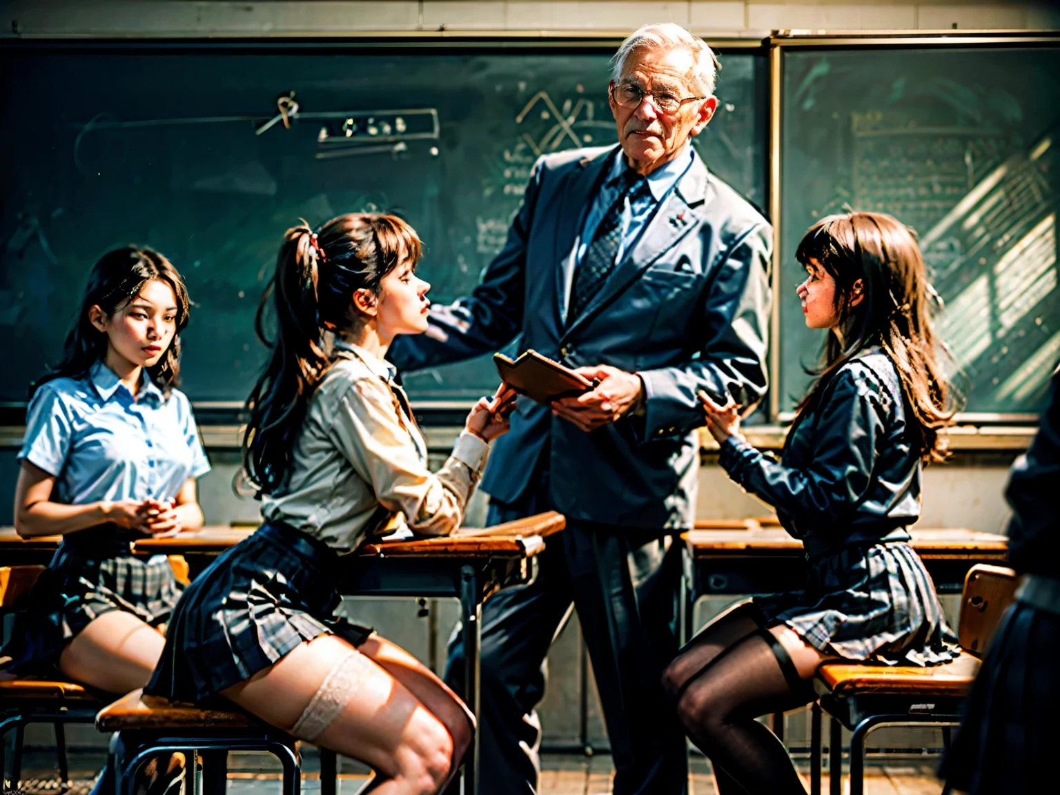 catholic school classroom Old man teacher have pant , is The teacher is a man, In a Catholic school room there is an old school teacher, an old man, an old gentleman, longs lace stockings, longs legs alluring lace stockings ,skinny alluring girls in the class to come to the blackboard. the old gentleman school teacher man lifts the pleated skirt of the skinny,  pretty young face ,female student, who is in front of the class at the blackboard , thé old gentleman old teacher is upskirting the pretty teens, skinny body  alluring youngest girl. the man gentleman old teacher lifts the pleated skirt with one hand , he has his hand in his underpants inside his pants . can see that he has an erection by seeing under the skirt of of the alluring female student, who (the alluring girls teases other students) in front of the class at the blackboard upskirt,  ,  a picture of a classroom in an English Catholic school, an old Catholic teacher asks one of the 10 young girls studying to come to the blackboard,  They are dressed with plissed skirt, White blouse, longs knee woolen socks, like English Catholic school students. Light shines through the school stained glass windows. In the scene there is an old school teacher, and 10 young girls. A teacher asks a young student to come and explain the lesson on the board. the old gentleman school teacher man lifts the pleated skirt of the female student who is in front of the class at the blackboard,  The teacher is next to her and corrects the exercise. The other students sit at their desks and look at the blackboard. The photo is in front of the black board. Several crowd teen students girls . The teacher is a man. the old gentleman school teacher man lifts the pleated skirt of the female student who is in front of the class at the blackboard. The old man teacher upskirting girl .the old man teacher lifts the pleated skirt of the female student in front of the other stridents girls In catholic school classroom . Crusifix catholic