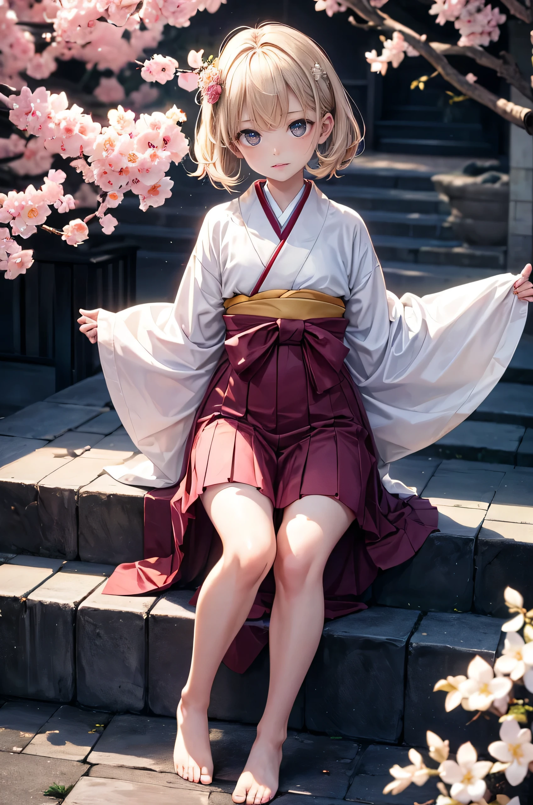 (highest quality、4k、8K、High resolution:1.2)、Super detailed、(genuine:1.37)、(HDR:1.1)、(Hmm:1.1)、(studio lighting:1.1)、(very detailed explanation:1.1)、 (Professional:1.1)、(bright colors:1.1)、(Bokeh:1.1)、innocence、11 year old baby girl、small eyes and face、beautiful and detailed eyes、dark and beautiful lips、small mouth、brown vest、brown pleated hair、fluttering hair、innocenceな笑顔、Pose with movement、pale color palette、gentle sunlight、風にfluttering hair、school uniform、thighs、Upper body,full body shot, Digital single-lens reflex camera, looking at the viewer, Frank, Sophisticated, Zola々right, thin腕,small mouth,cute face, Beautiful and slim legs、透き通るwhite skin、white skin、normal chest chest、because I'thin、Professionalの照明, film grain, chromatic aberration, (Eye and face details:1.0), (Bokeh:1.1), japanese kimono、beautiful kimono、elementary school girl、beautiful slim legs、barefoot、torii、stone stairs、cherry blossoms
