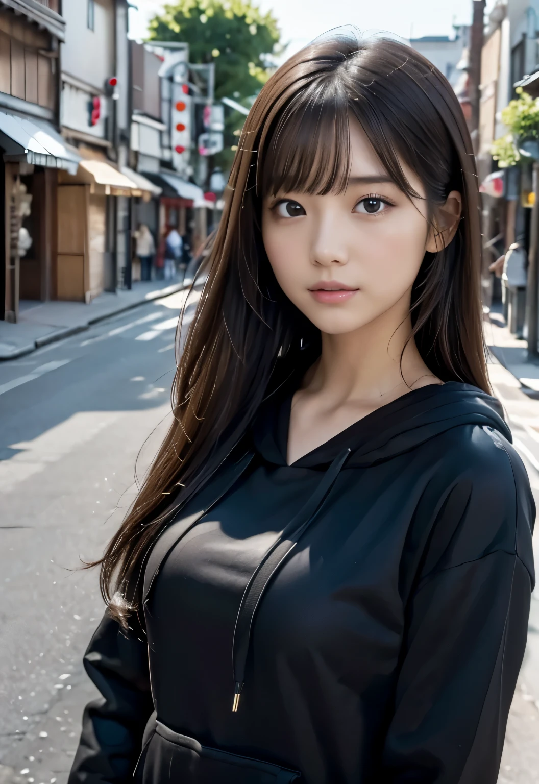 (((daytime town:1.3, outdoor, Photographed from the front))), ((long hair:1.3, black hoodie, japanese woman, cute)), (clean, natural makeup), (highest quality, masterpiece:1.3, 超High resolution), (Super detailed, caustics), (realistic:1.4, RAW shooting), very detailed, High resolution, 16K resolution