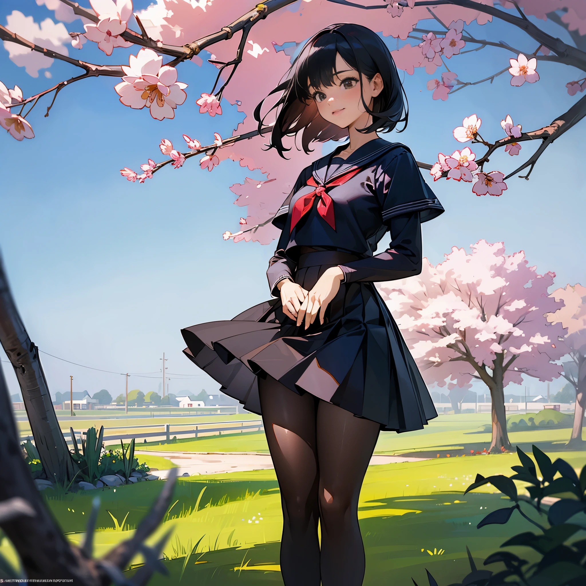 (highest quality,High resolution,super detailed,realistic:1.37),peaceful atmosphere,(outdoor,garden,Cherry tree),teenage girl standing alone,beautiful detailed features,cute smile,(black bob hair),navy sailor suit,pleated skirt,black tights,brown leather shoes.