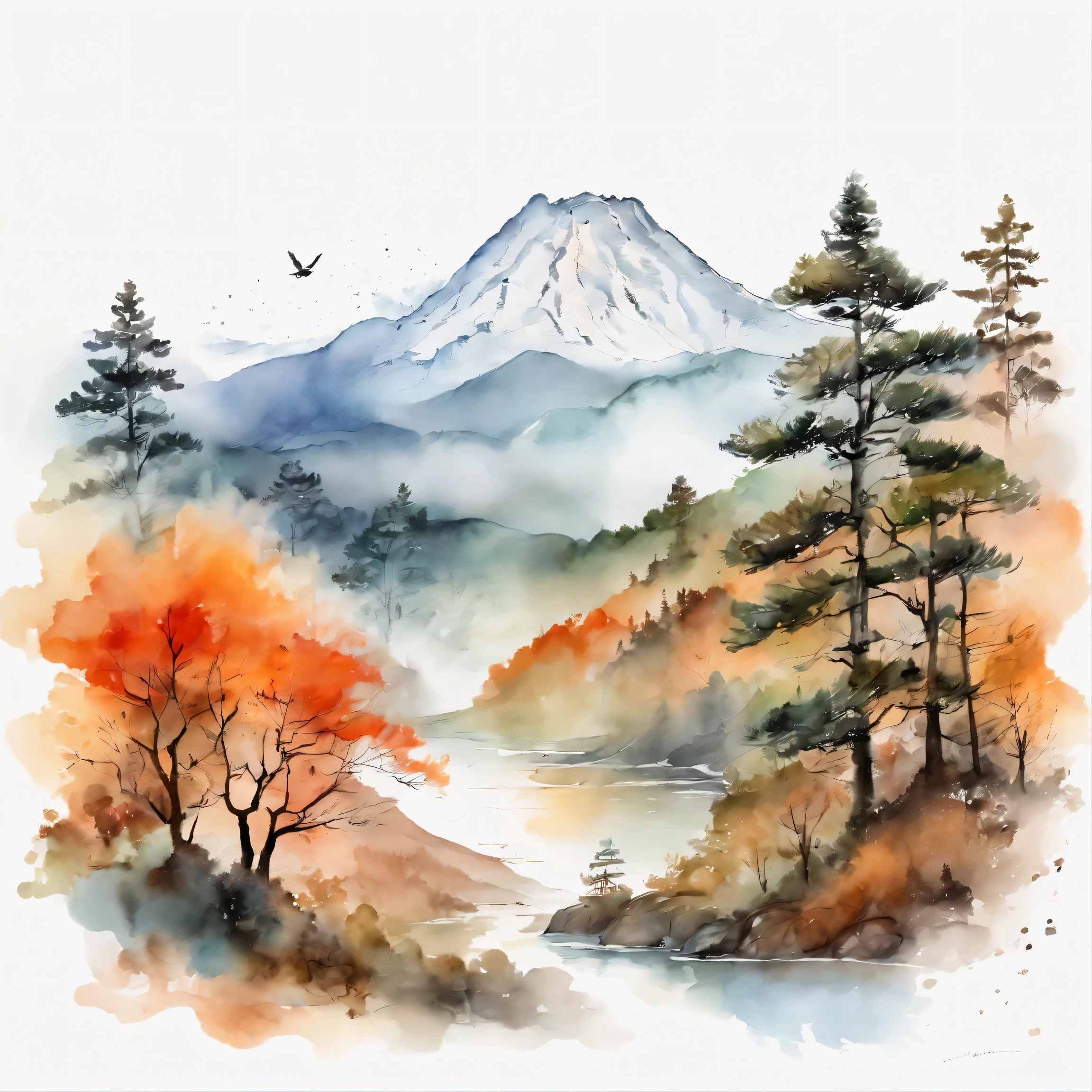 Intricate details of Japanese forests, Murata series, Milky Way in the background, cloud, bright colors, high contrast, Mountain, Vector line art, orange highlights, Popular topics on pixiv, anime concept art, stamp, Upholstered, high quality, bode and bode, Sanskrit