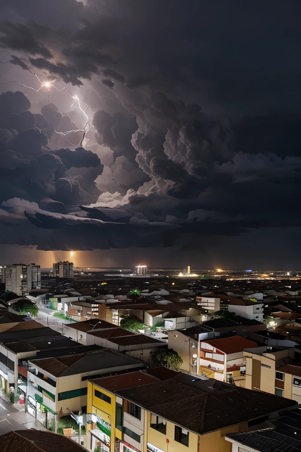 Create an image of the city of São Jose dos Campos, Brazil. The city must be in the middle of a very strong storm and must contain a well-known point in the city