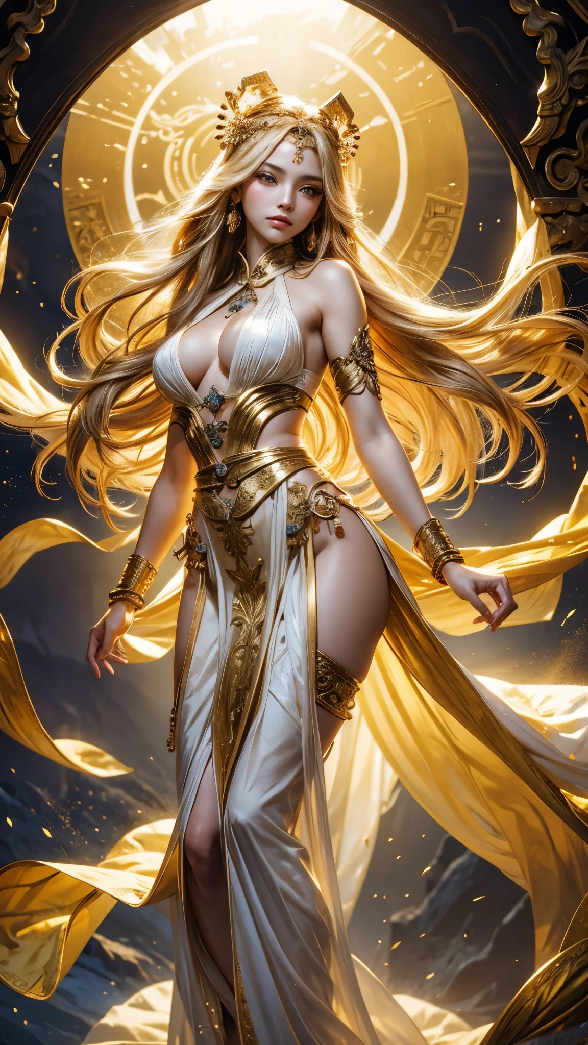 a goddess with very long golden hair, was floating against the background of a heavenly atmosphere, with rays of light. her slender body with big tits and long legs, smooth white skin, a scarf coiled and floating around her wrist, her hair decorated with oriental ornaments typical of ancient China, her body wrapped in thin ancient Chinese clothing that clearly shows the curves of her body