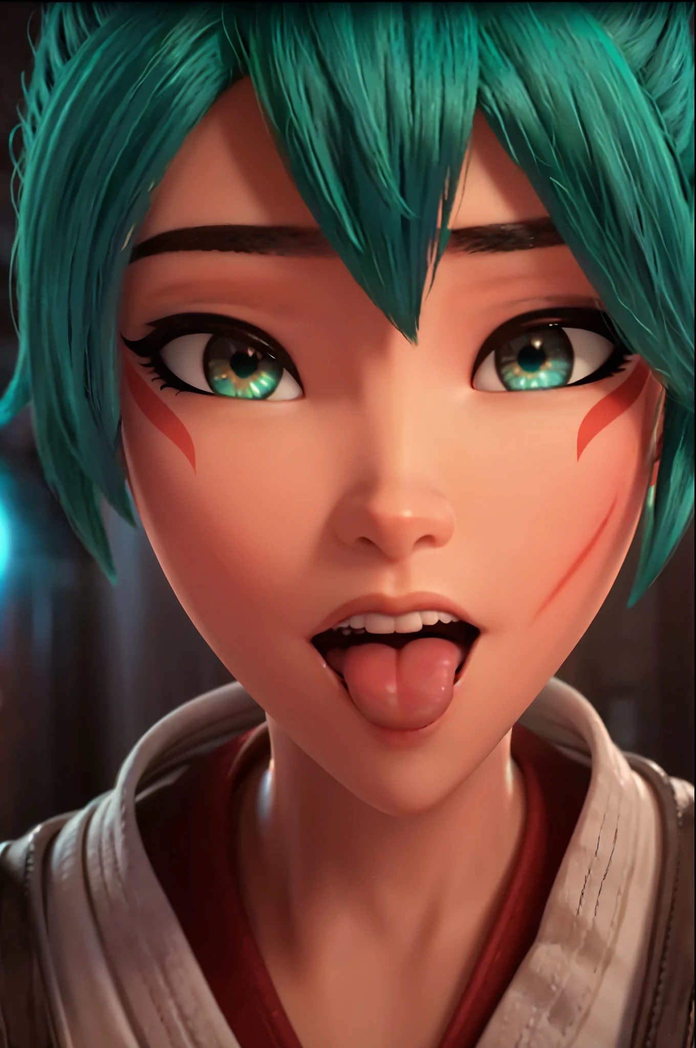 realistic, realism, photorealism, photo-realistic, high contrast, (photorealistic:1.4), 8k high definition detailed realistic, (best quality, masterpiece:1.2), NSFW,  photon mapping, radiosity, physically-based rendering, best quality, highly detailed, 1girl,  owkiriko, green hair:0.6, (looks at the viewer),(((glowing eyes:1.4))), (blue eyes),  from below, looking down, upper body,  red head wear, open mouth, Tongue, sucking cock, blowjob, nsfw, porn, sex, penis