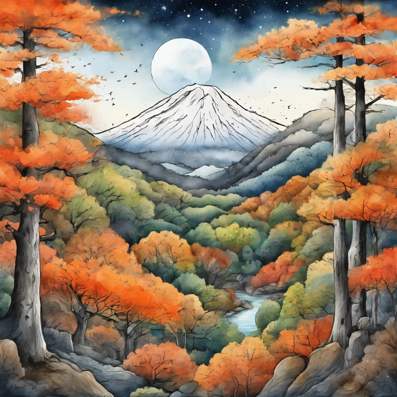 Intricate details of Japanese forests, Murata range, Galaxy in the background, cloud, Bright colors, high contrast, Mountain, Vector line art, orange highlights, Hot topics on pixiv, anime concept art, stamp, pad, high quality, Bode and Bode, Sanskrit