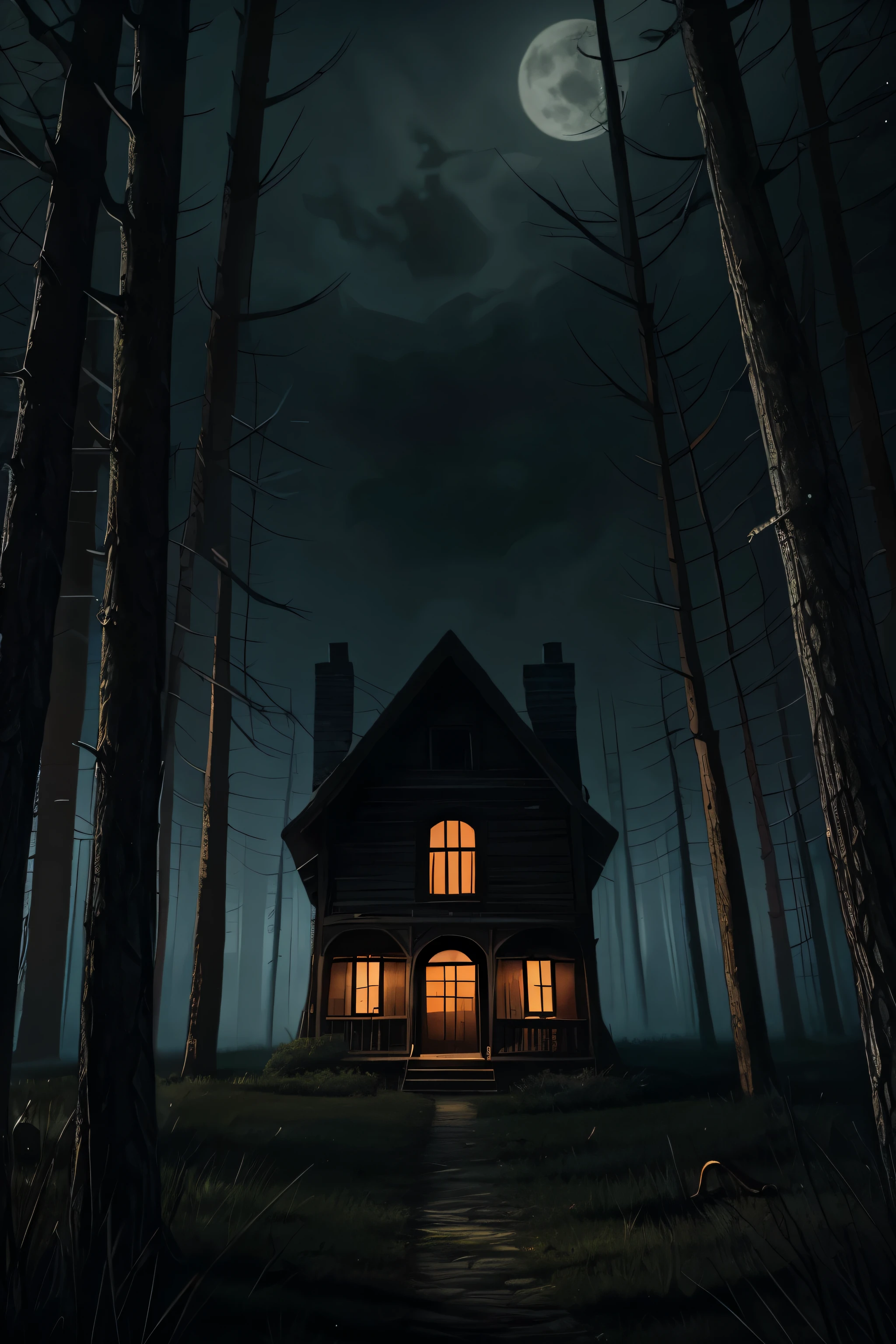 A spooky and gloomy illustration of a house in the middle of a dark forest, surrounded by crooked walls and a sinister appearance