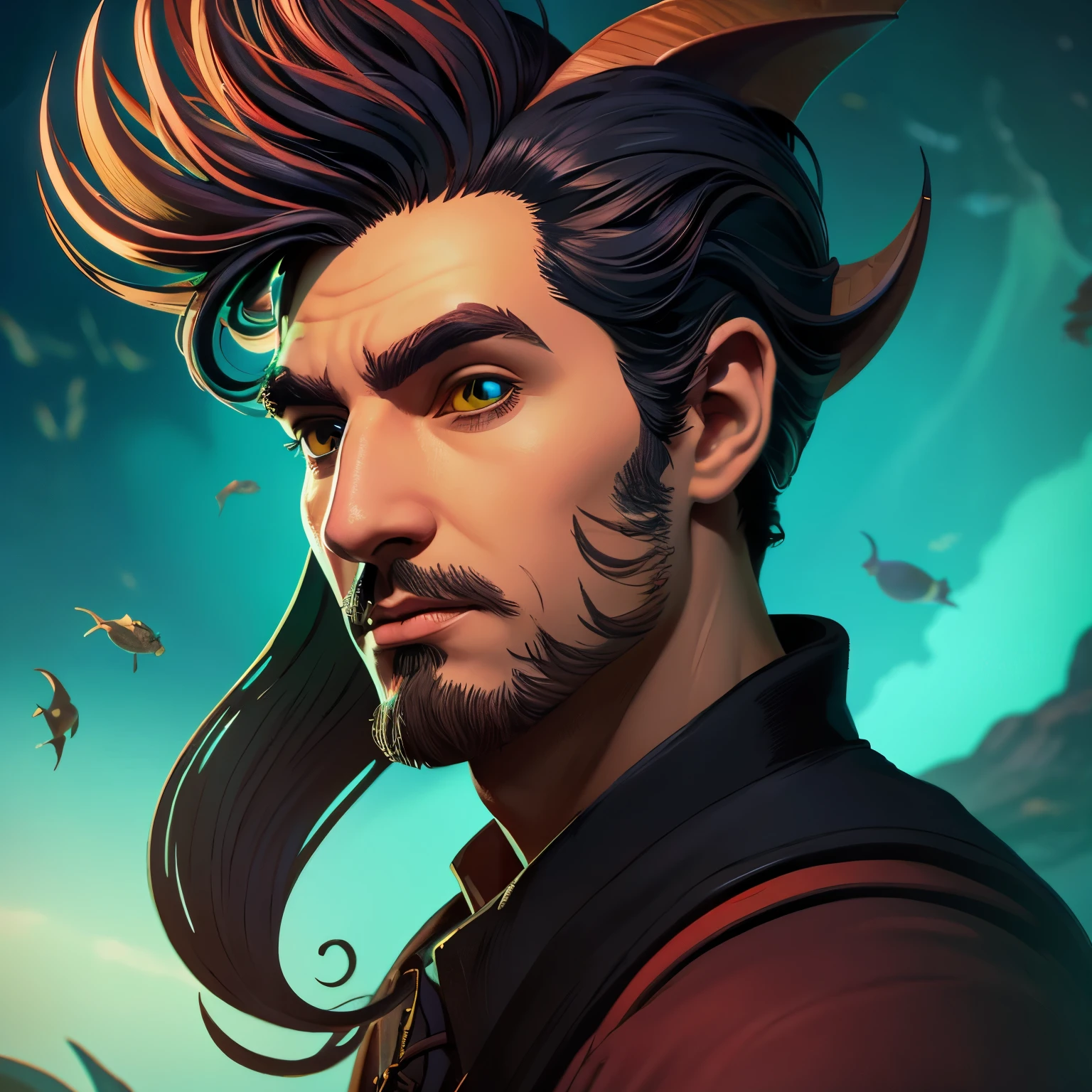 Persian Locathah_Medium close-up of Person Warlock with volumetric lighting、concept-art、brush stroke style、art stations、trending、ighly detailed、art by greg rutkowski、The background is in the sea、Beastman in the image of a sea slug、Head in the image of a nudibranch、Body inspired by sea slugs