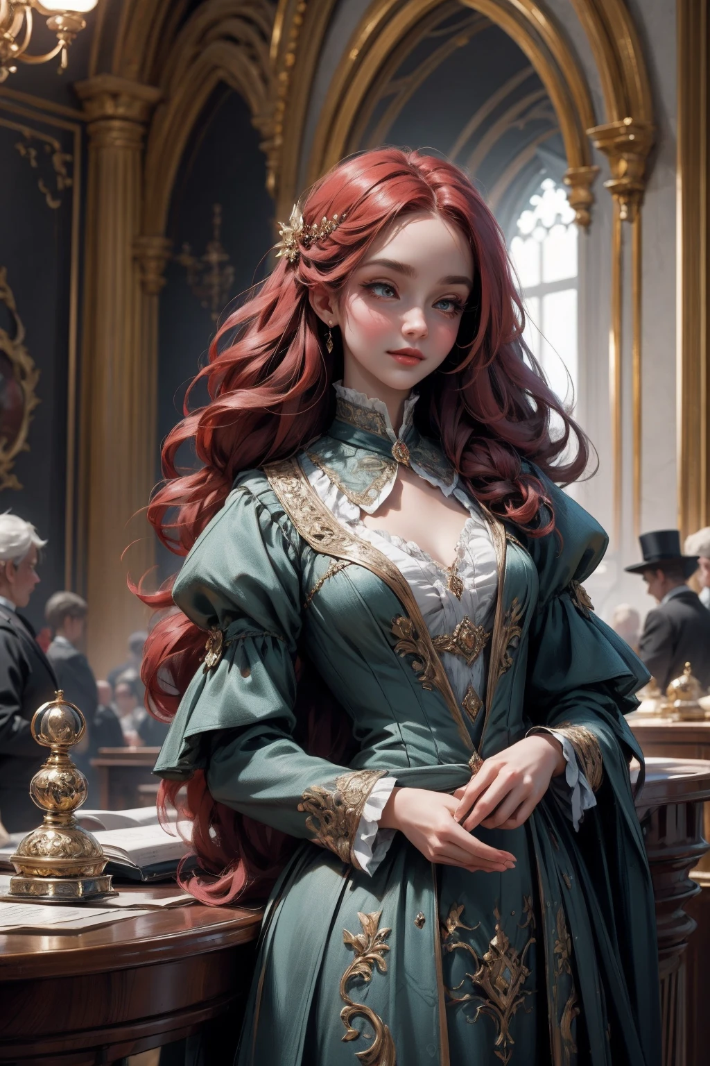 { - anatomy error}(Masterpiece - Ultra-detailed, very high resolution) Prepare to be enchanted by a true masterpiece that combines ultra-detailed art with high-resolution rendering. This work depicts a mesmerizing woman with very long red hair (1.3) and captivating opal eyes (1.2), emanating an aura of elegance and mystery in Victorian settings. The intricate details and realistic textures invite you to explore every aspect of this enchanting composition. Woman wearing beautiful classic Victorian costume from the year 1878. Red lips. Happy face. Smiling. light blue (gold) dress. Walking, writing, lying down, standing, on your back, dynamic poses., upper body. dynamic poses. Get ready to dive into a world where beauty and craftsmanship merge perfectly.