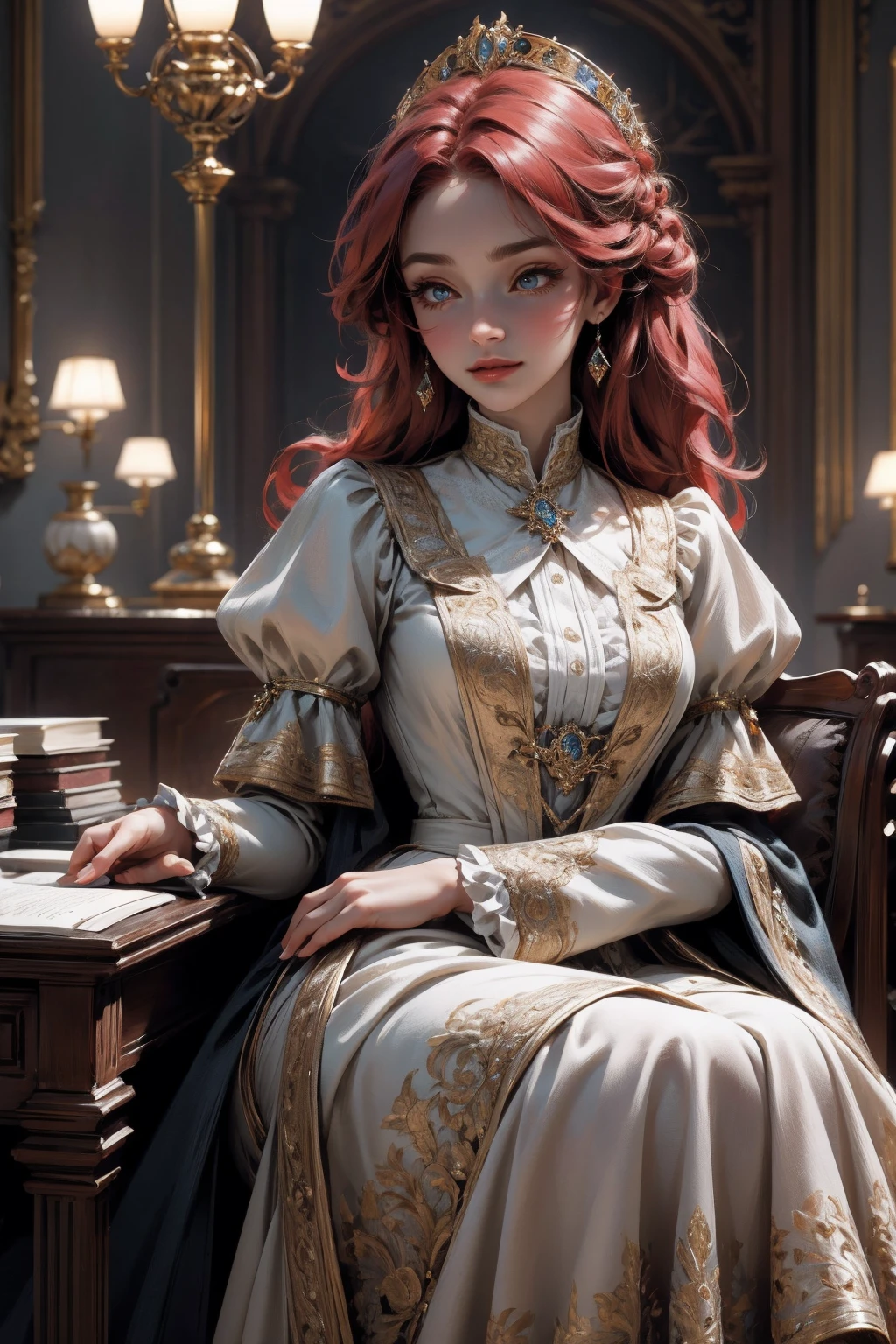 { - anatomy error}(Masterpiece - Ultra-detailed, very high resolution) Prepare to be enchanted by a true masterpiece that combines ultra-detailed art with high-resolution rendering. This work depicts a mesmerizing woman with very long red hair (1.3) and captivating opal eyes (1.2), emanating an aura of elegance and mystery in Victorian settings. The intricate details and realistic textures invite you to explore every aspect of this enchanting composition. Woman wearing beautiful classic Victorian costume from the year 1878. Red lips. Happy face. Smiling. light blue (gold) dress. Walking, writing, lying down, standing, on your back, dynamic poses., upper body. dynamic poses. Get ready to dive into a world where beauty and craftsmanship merge perfectly.