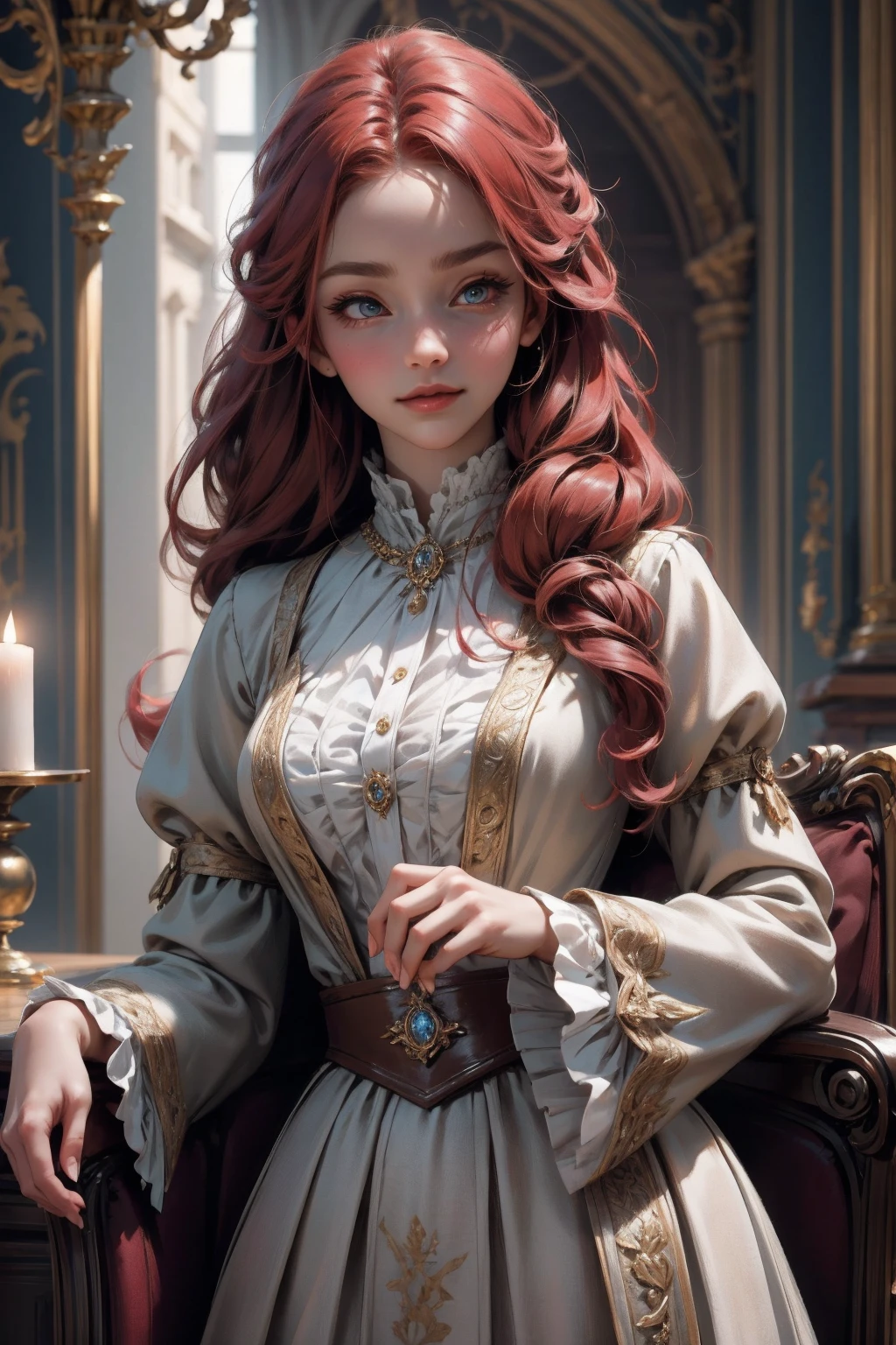 { - anatomy error}(Masterpiece - Ultra-detailed, very high resolution) Prepare to be enchanted by a true masterpiece that combines ultra-detailed art with high-resolution rendering. This work depicts a mesmerizing woman with very long red hair (1.3) and captivating opal eyes (1.2), emanating an aura of elegance and mystery in Victorian settings. The intricate details and realistic textures invite you to explore every aspect of this enchanting composition. Woman wearing beautiful classic Victorian costume from the year 1878. Red lips. Happy face. Smiling. light blue (gold) dress. Walking, writing, lying down, standing, on your back, dynamic poses., upper body. dynamic poses. Get ready to dive into a world where beauty and craftsmanship merge perfectly.