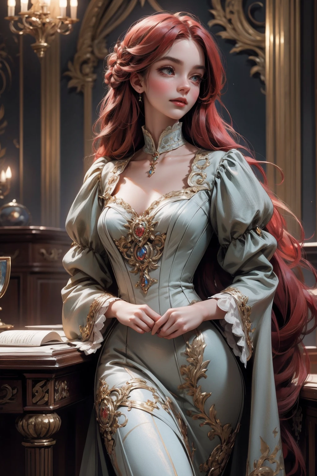 { - anatomy error}(Masterpiece - Ultra-detailed, very high resolution) Prepare to be enchanted by a true masterpiece that combines ultra-detailed art with high-resolution rendering. This work depicts a mesmerizing woman with very long red hair (1.3) and captivating opal eyes (1.2), emanating an aura of elegance and mystery in Victorian settings. The intricate details and realistic textures invite you to explore every aspect of this enchanting composition. Woman wearing beautiful classic Victorian costume from the year 1878. Red lips. Happy face. Smiling. light blue (gold) dress. Walking, writing, lying down, standing, on your back, dynamic poses., upper body. dynamic poses. Get ready to dive into a world where beauty and craftsmanship merge perfectly.