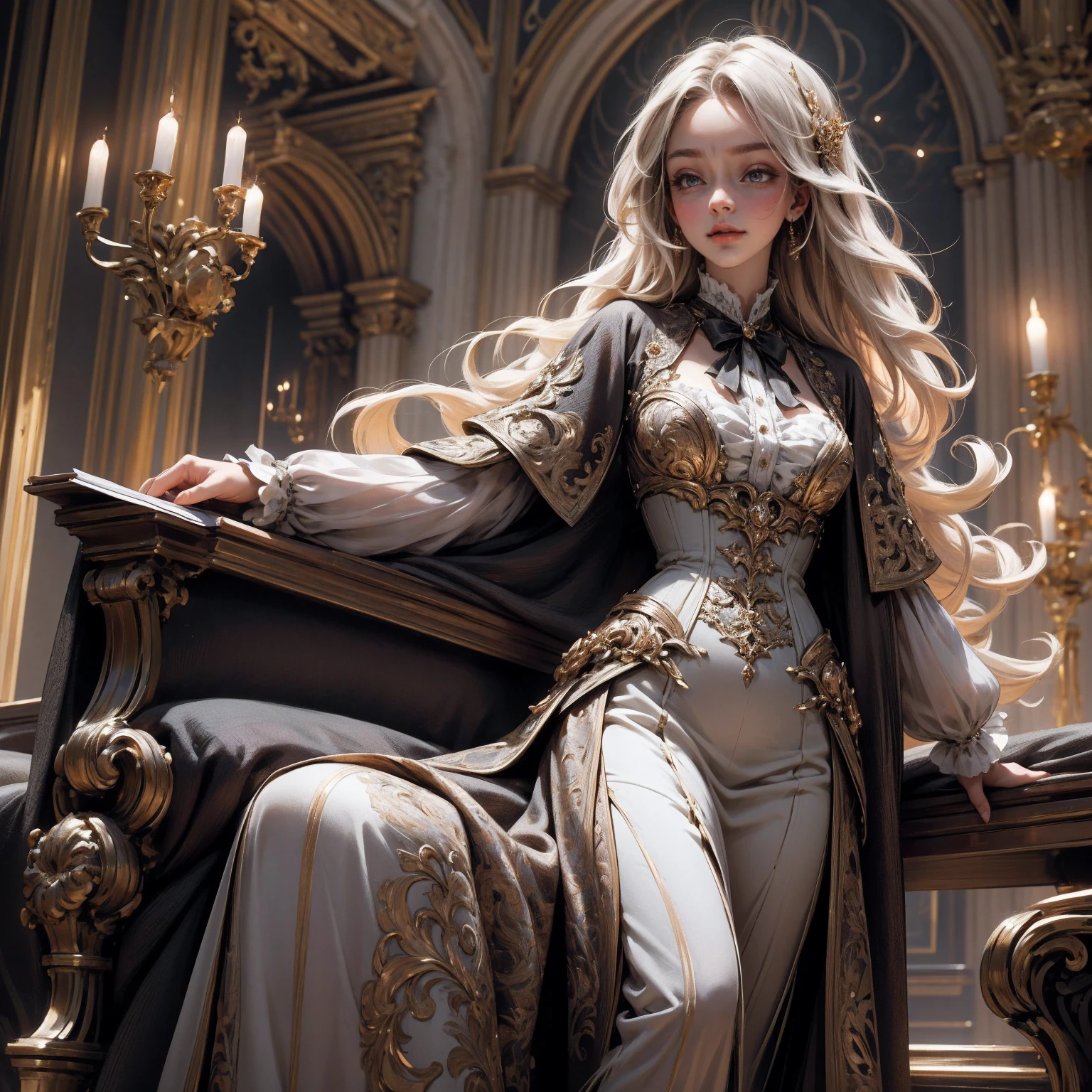 { - anatomy error}(Masterpiece - Ultra-detailed, very high resolution) Prepare to be enchanted by a true masterpiece that combines ultra-detailed art with high-resolution rendering. This work depicts a mesmerizing woman with very long blond hair (1.3) and captivating gray eyes (1.2), emanating an aura of elegance and mystery in Victorian settings. The intricate details and realistic textures invite you to explore every aspect of this enchanting composition. Woman wearing beautiful classic Victorian costume from the year 1878. Red lips. Happy face. Smiling. red (gold) dress.. Walking, writing, lying down, standing, on your back, dynamic poses, whole body. dynamic poses. Get ready to dive into a world where beauty and craftsmanship merge perfectly.