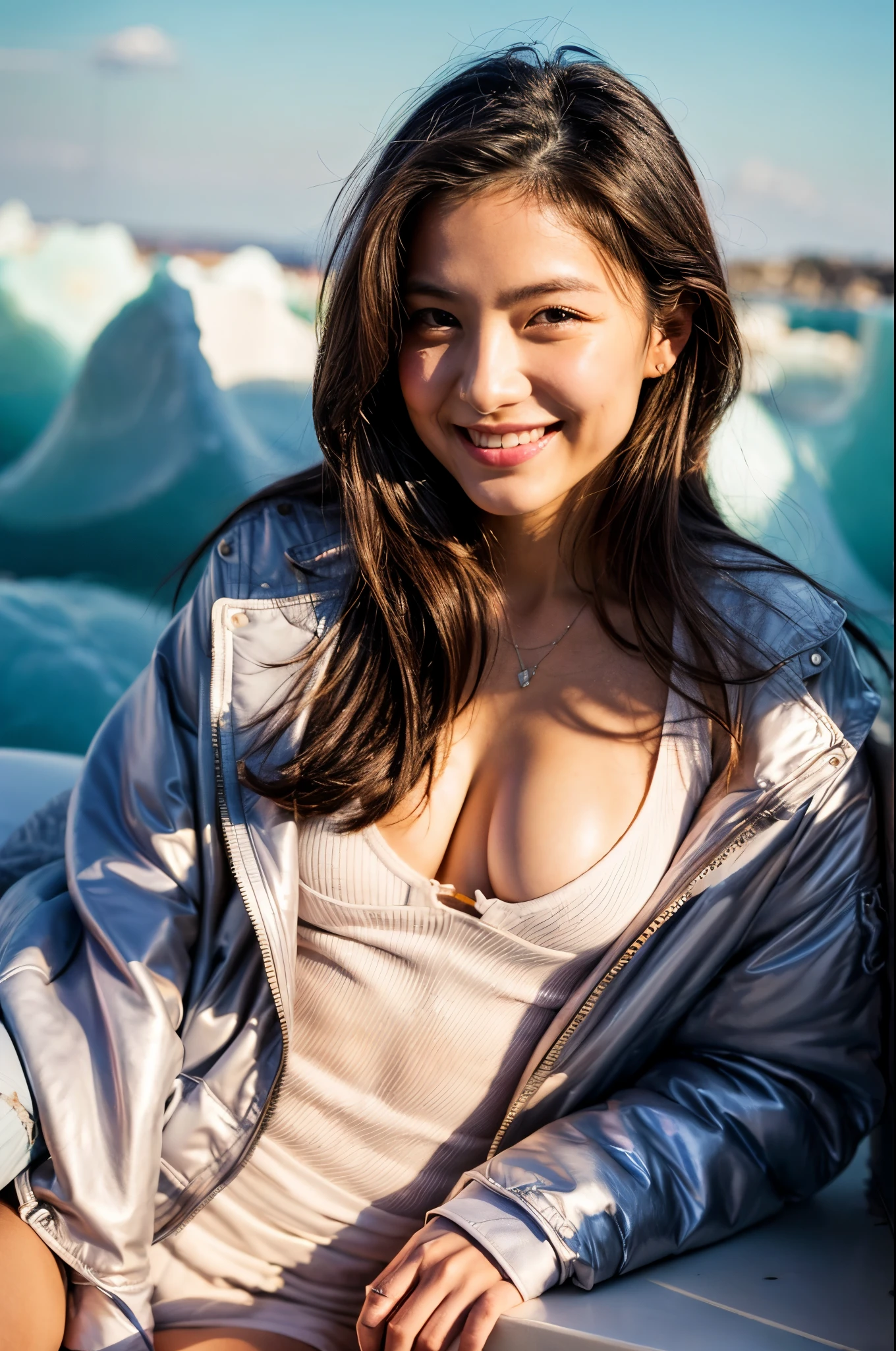 fashion shoot, knees up portrait, 1 young thick woman, smiling, (small nude breast) , ((long puffer jacket) ), (white shiny jacket) , unbuttoned, brunette supermodel, [face: feminine: 1.9] , background is detailed icebergs, cleavage, (topless: 0.9) , hyperrealistic, ultra sharp focus
