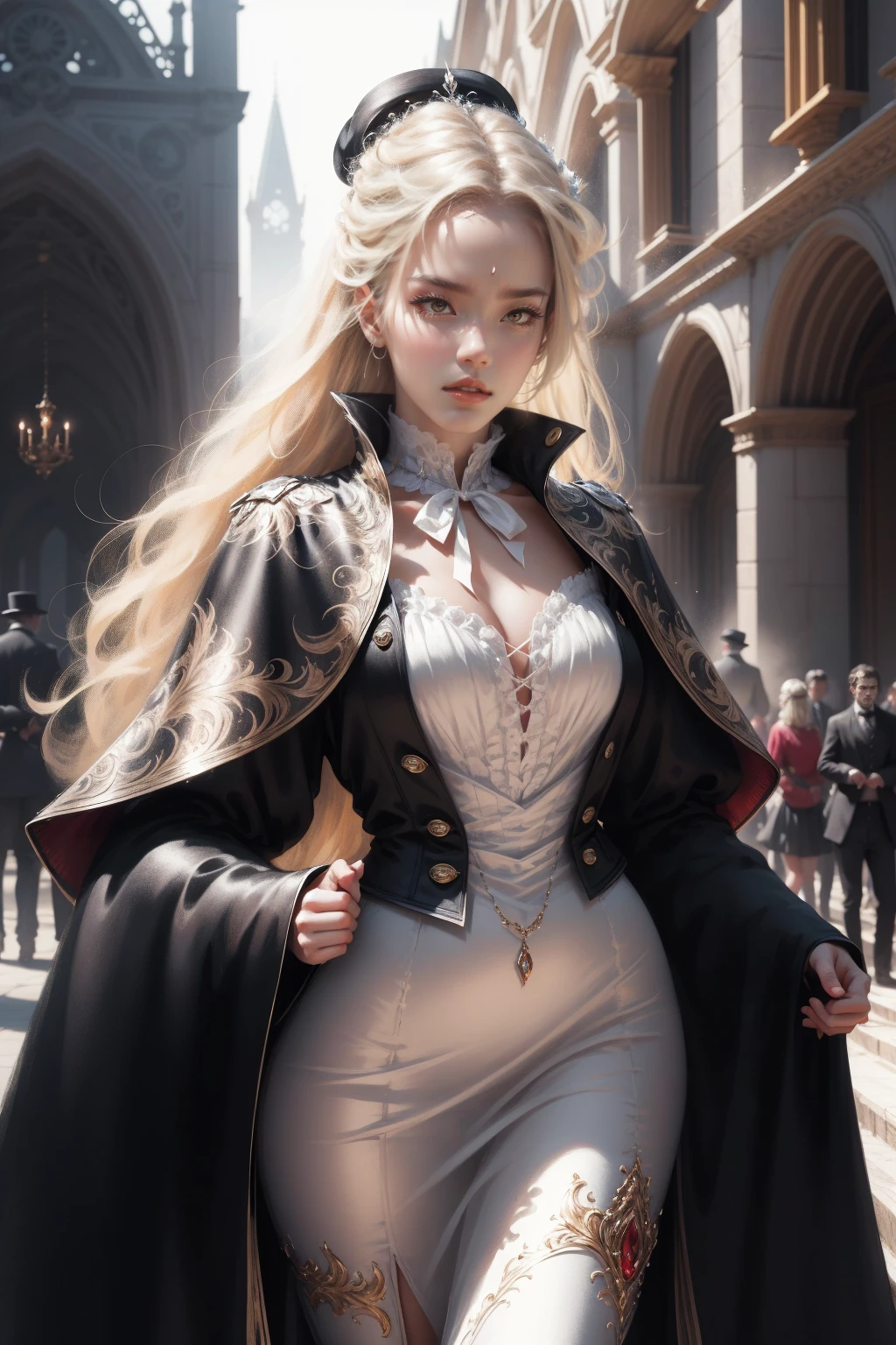 { - anatomy error}(Masterpiece - Ultra-detailed, very high resolution) Prepare to be enchanted by a true masterpiece that combines ultra-detailed art with high-resolution rendering. This work depicts a mesmerizing woman with very long blond hair (1.3) and captivating gray eyes (1.2), emanating an aura of elegance and mystery in Victorian settings. The intricate details and realistic textures invite you to explore every aspect of this enchanting composition. Woman wearing beautiful classic Victorian costume from the year 1878. Red lips. Happy face. Smiling. white (white) dress. Walking, backwards, looking back, dynamic poses. Get ready to dive into a world where beauty and craftsmanship merge perfectly.