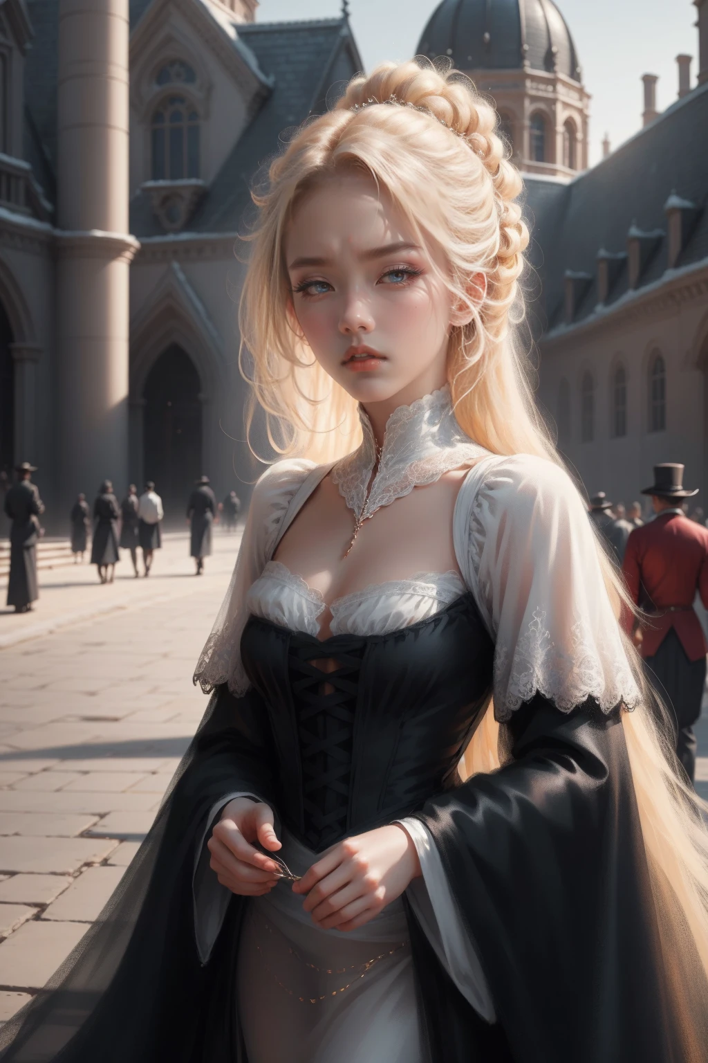 { - anatomy error}(Masterpiece - Ultra-detailed, very high resolution) Prepare to be enchanted by a true masterpiece that combines ultra-detailed art with high-resolution rendering. This work depicts a mesmerizing woman with very long blond hair (1.3) and captivating gray eyes (1.2), emanating an aura of elegance and mystery in Victorian settings. The intricate details and realistic textures invite you to explore every aspect of this enchanting composition. Woman wearing beautiful classic Victorian costume from the year 1878. Red lips. Happy face. Smiling. white (white) dress. Walking, backwards, looking back, dynamic poses. Get ready to dive into a world where beauty and craftsmanship merge perfectly.