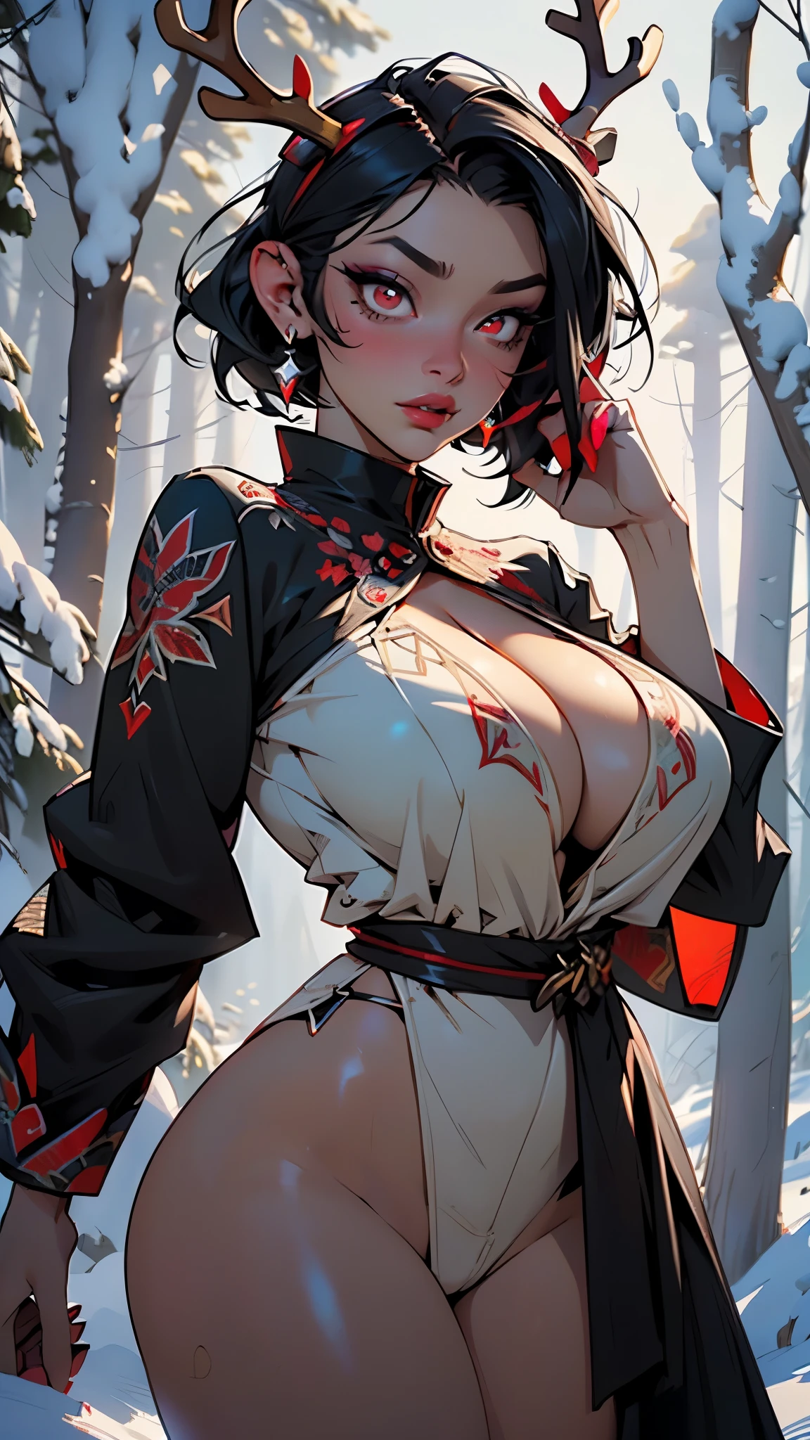 gothic reindeer girl,(((1girl))),((extremely cute and beautiful black haired anime gothic reindeer girl)),

(((anthro furry:1.2), Playboy_Reindeer, reindeer_antlers,(huge antlers:1.5,dear antlers:1.5,blooming antlers:1.5))),(large breasts:1.4),saggy breasts,((((black bob hair:1.35,very short hair,ear breathing)))),(((red_eyes:1.3))),intricate eyes,beautiful detailed eyes,symmetrical eyes,big eyes:1.5,(((lustrous skin:1.5,bright skin: 1.5,skin tanned,shiny skin,very shiny skin,shiny body,plastic glitter skin,exaggerated shiny skin,illuminated skin))),(spider lower abdomen,narrow waist,wide hip,athletic body,inflated legs,thick thighs,detailed body,(detailed face)),

cute,slutty,seductive,erotic,(((nsfw))),

zettai ryouiki,revealing clothes,show skin,((huge cleavage:1.5)),(((underboob))),(((eyeshadow,egyptian makeup,eyelid makeup))),(((bare chested,furry tribal clothing, black clothes))),

(dynamic pose:1.0),embarrassed,(centered,scale to fit dimensions,Rule of thirds),

((snowy pine forest)),winter,scenery:1.25,((intricate scenery)),((snow forest background)),

(Glossy goth ornaments),highres,sharp focus,(ultra detailed,extremely detailed),(photorealistic artwork:1.37),(extremely detailed CG unity 8k wallpaper),(((vibrant colors,vibrant theme))),(intricate),(masterpiece),(best quality),artistic photography,(photography taken by sldr),(intricate background),perfect rendered face,perfect face details,realistic face,photo realistic,((intricate detail)),(((realism))),
