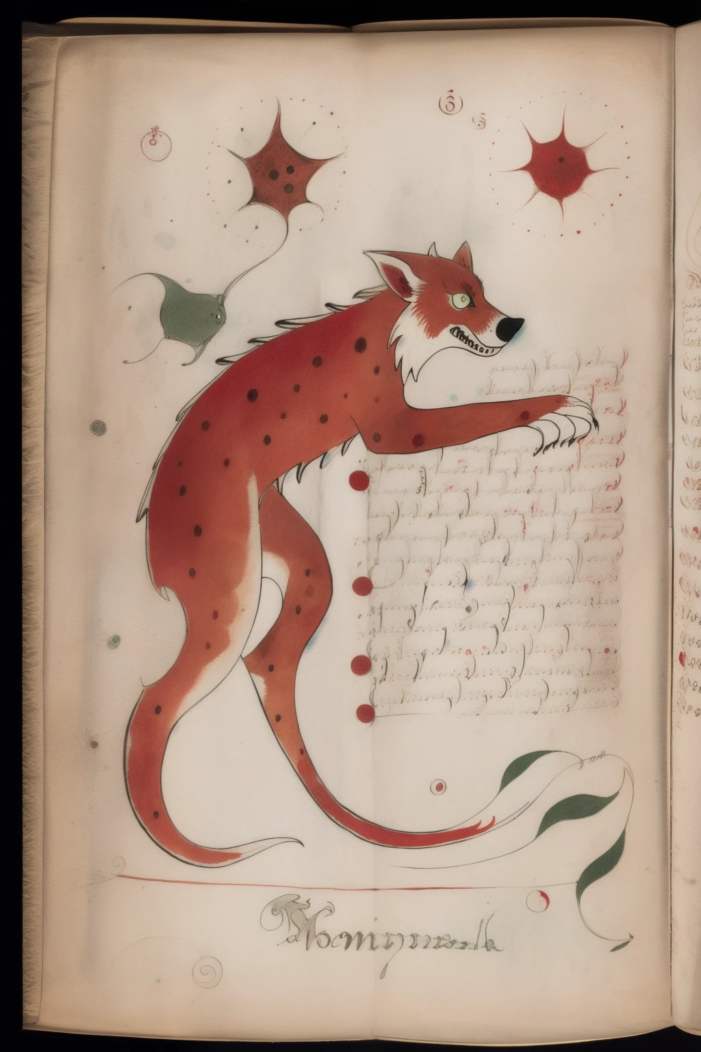 Illustration of a werewolf with red spots from the Voynich manuscript