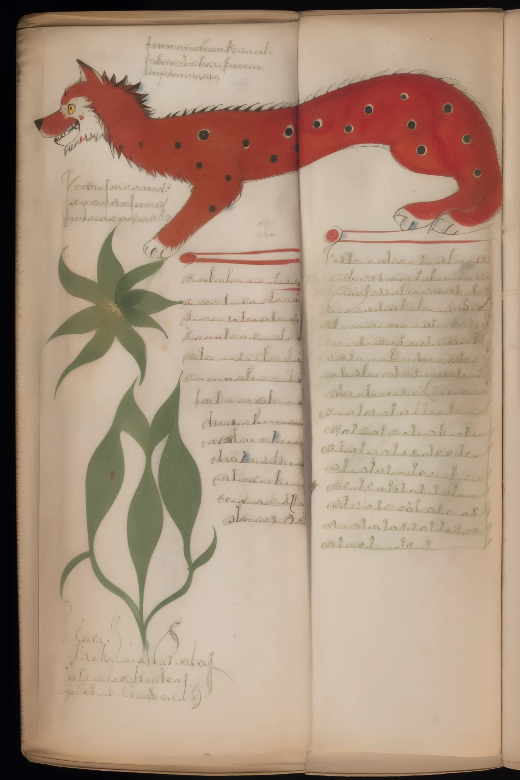 Illustration of a werewolf with red spots from the Voynich manuscript