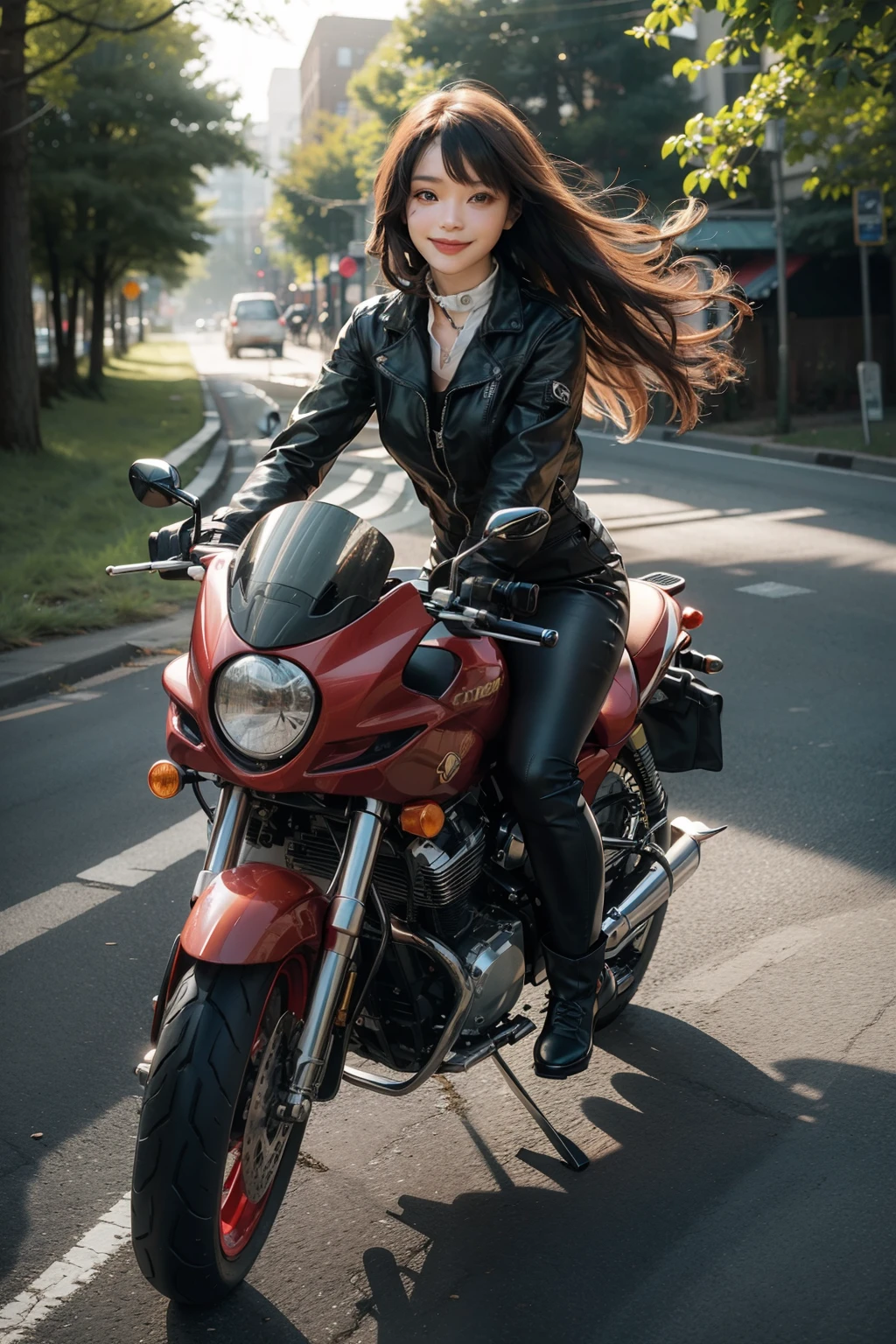 works of masters,higher quality,ultra high resolution,8K resolution,Depth of the bounds written,with panoramic view,first person perspective,Bright colors,That's a perfect face,slender girl,the only person,smile,Big eyes,long chestnut hair,collar,bangle,towards the viewer,evening,natural soft light、riding a motorcycle、rider suit、full body shot