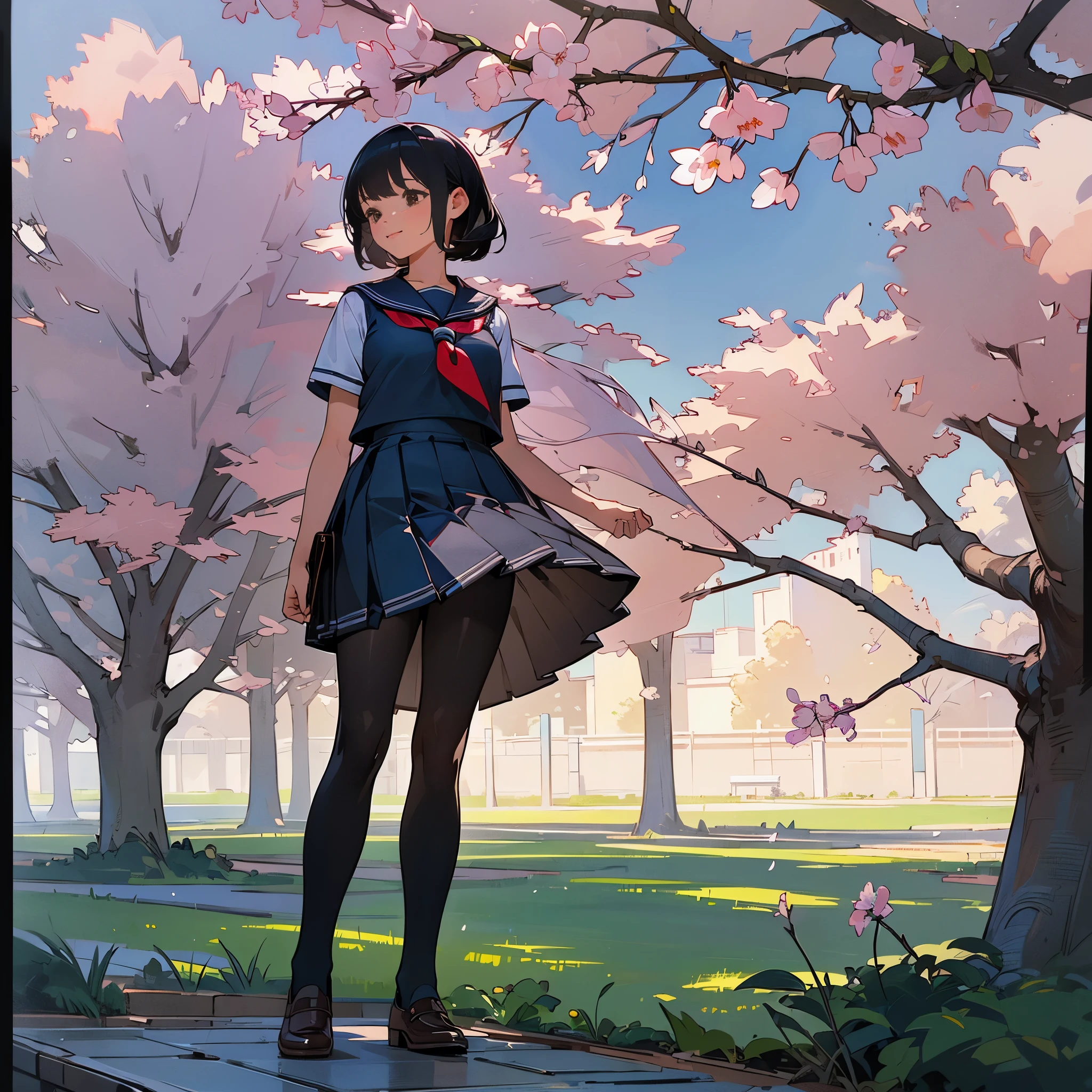 (highest quality,High resolution,super detailed,realistic:1.37),peaceful atmosphere,(outdoor,garden,Cherry tree),age girl standing alone,beautiful detailed features,cute smile,(black bob hair),navy sailor suit,pleated skirt,black tights,brown leather shoes.