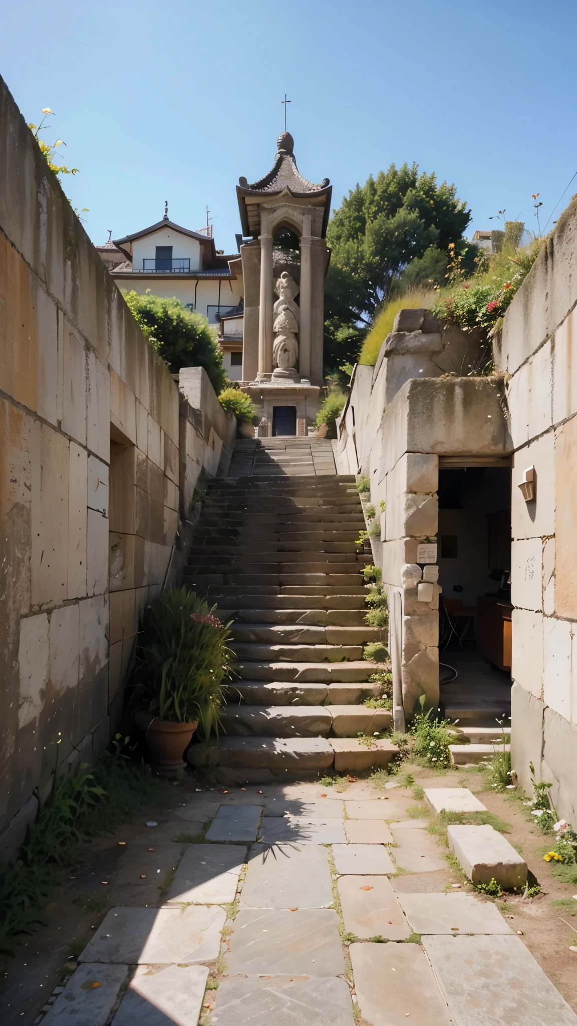 Amazing image of ancient civilization，Huge staircase climbs up to the temple at the top of the hill。The stairs are made of stone，The is very large，Several steps seem to rise into the sky。The temple at the top is majestic，The building is impressive，Tall pillars and details carved in stone。The ancient civilization is surrounded by mountains and forests，In the distance, a river meanders through the landscape。The image is very detailed and has a high resolution，With incredible quality，The stairs are shown，Every detail of the temple and the surrounding landscape made of stone blocks by ancient humans。This image is perfect for anyone who loves history and archaeology，And want to make stunning digital artwork as wallpaper on your phone。With impeccable resolution，You can feel like you're there，In that amazing place，Explore ancient civilizations and discover their secrets,
