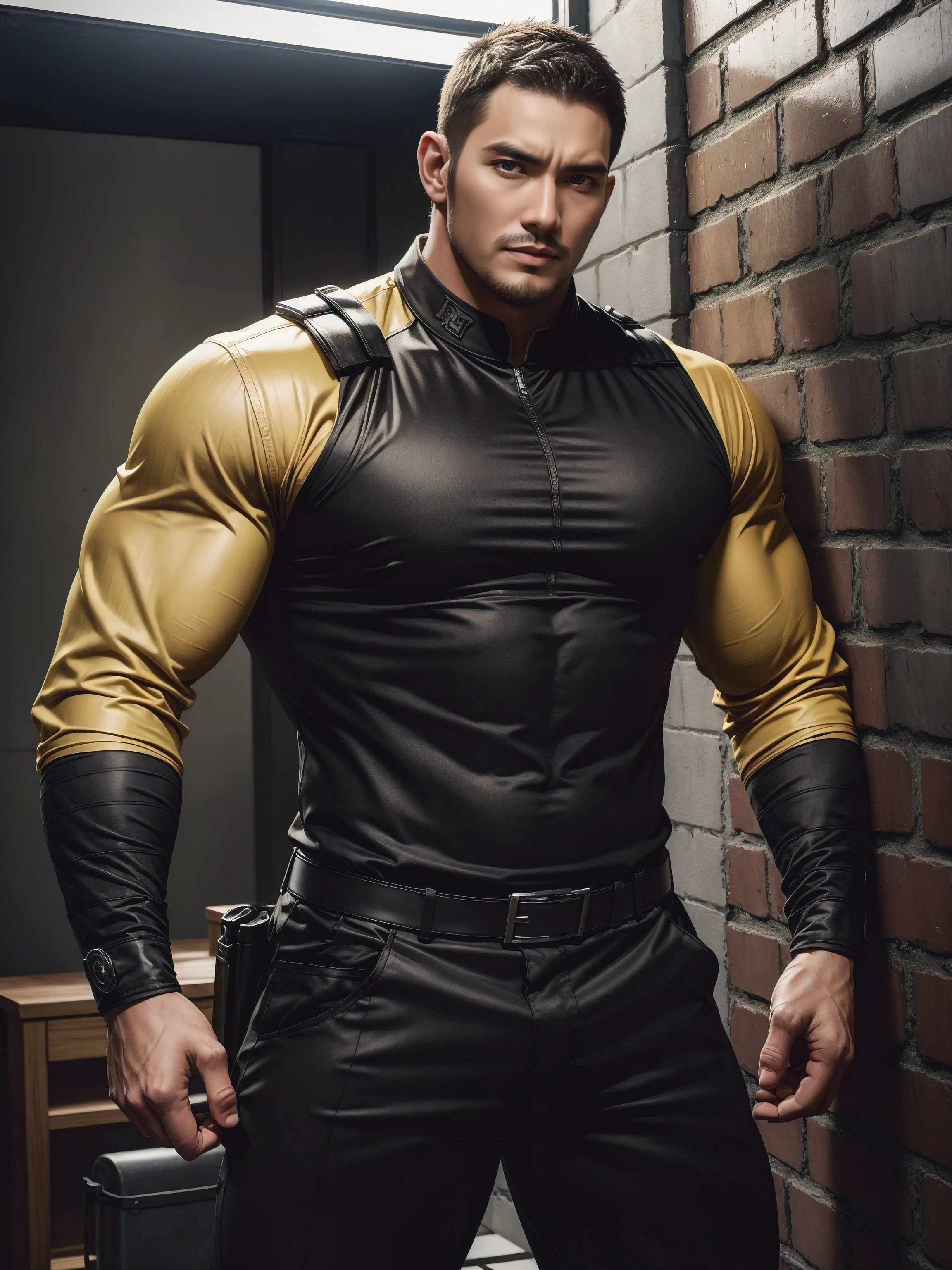 Tall giant muscular肌肉男警官，Yellow and black striped long-sleeved police uniform，worn over shirt，prove，There are frescoes on the walls，character concept（Resident Evil - chris redfield，chris redfield）proud expression，Deep and charming eyes，heroic male pose，高大burly，muscular！muscular大腿，tough guy，perfect facial features，High, burly, Heqiang， Super gain and cool， high resolution committee，Charming strong man，The bright sunshine shines on you through the window