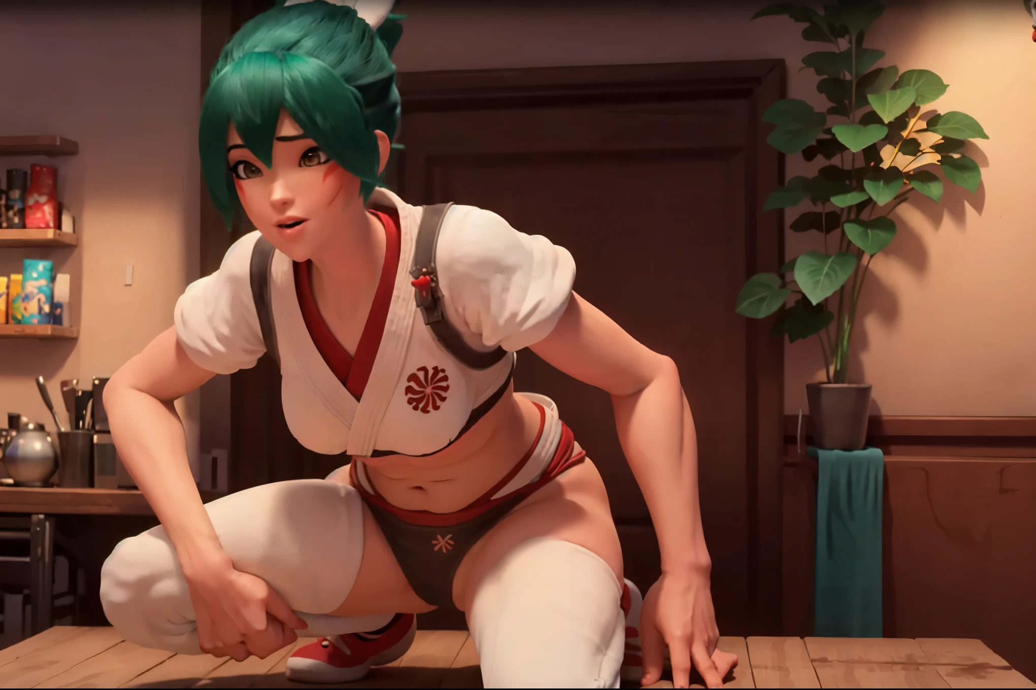 realistic, realism, photorealism, photo-realistic, high contrast, (photorealistic:1.4), 8k high definition detailed realistic, (best quality, masterpiece:1.2), NSFW, photon mapping, radiosity, physically-based rendering, best quality, highly detailed, 1girl, pat pussy, cameltoe, (owkiriko), kiriko \(overwatch\), green hair:0.7, red fox helmet, red sneakers, squatting, spread legs, inside, blushing, underwear, bikini, microbikini, topless, nsfw, tits, ass