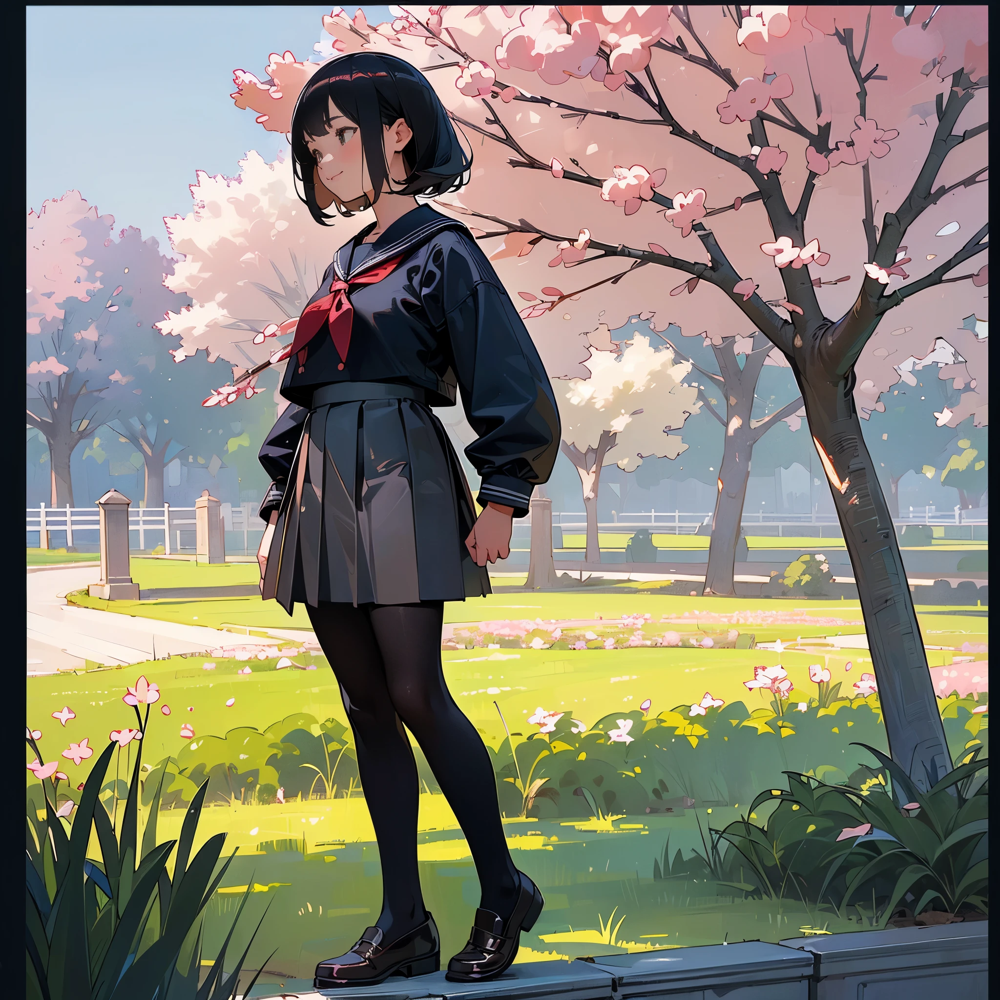 (highest quality,High resolution,super detailed,realistic:1.37),peaceful atmosphere,(outdoor,garden,Cherry tree),teenage girl standing alone,beautiful detailed features,cute smile,(black bob hair),navy sailor suit,pleated skirt,black tights,brown leather shoes.