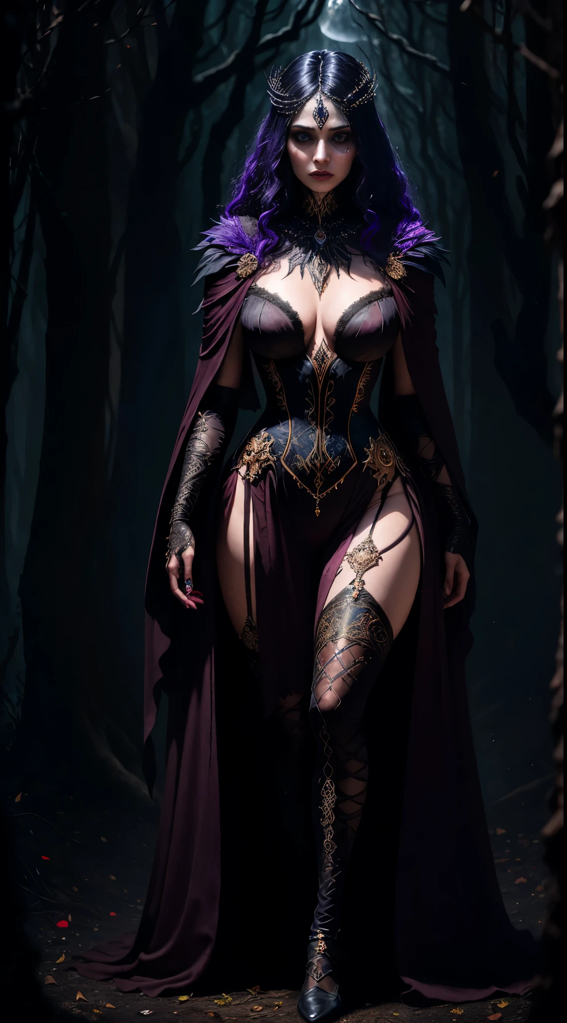 In the heart of a forbidden forest, a sorceress woman with darkly hued skin and unholy aura stands, her full body illuminated by the pale moonlight. Her perfect face, adorned with ultra-detailed features, bears an expression of intense concentration. Her clothing, a twisted combination of Gothic art trends, clings to her body, revealing the intricately detailed patterns inspired by ternary colors.
A creepy olfactory style lingers in the air as she mutters incantations, her voice a haunting whisper. "I saw blood," she exclaims, her eyes burning with a mistic intensity. Suddenly, the ground shakes, and the
