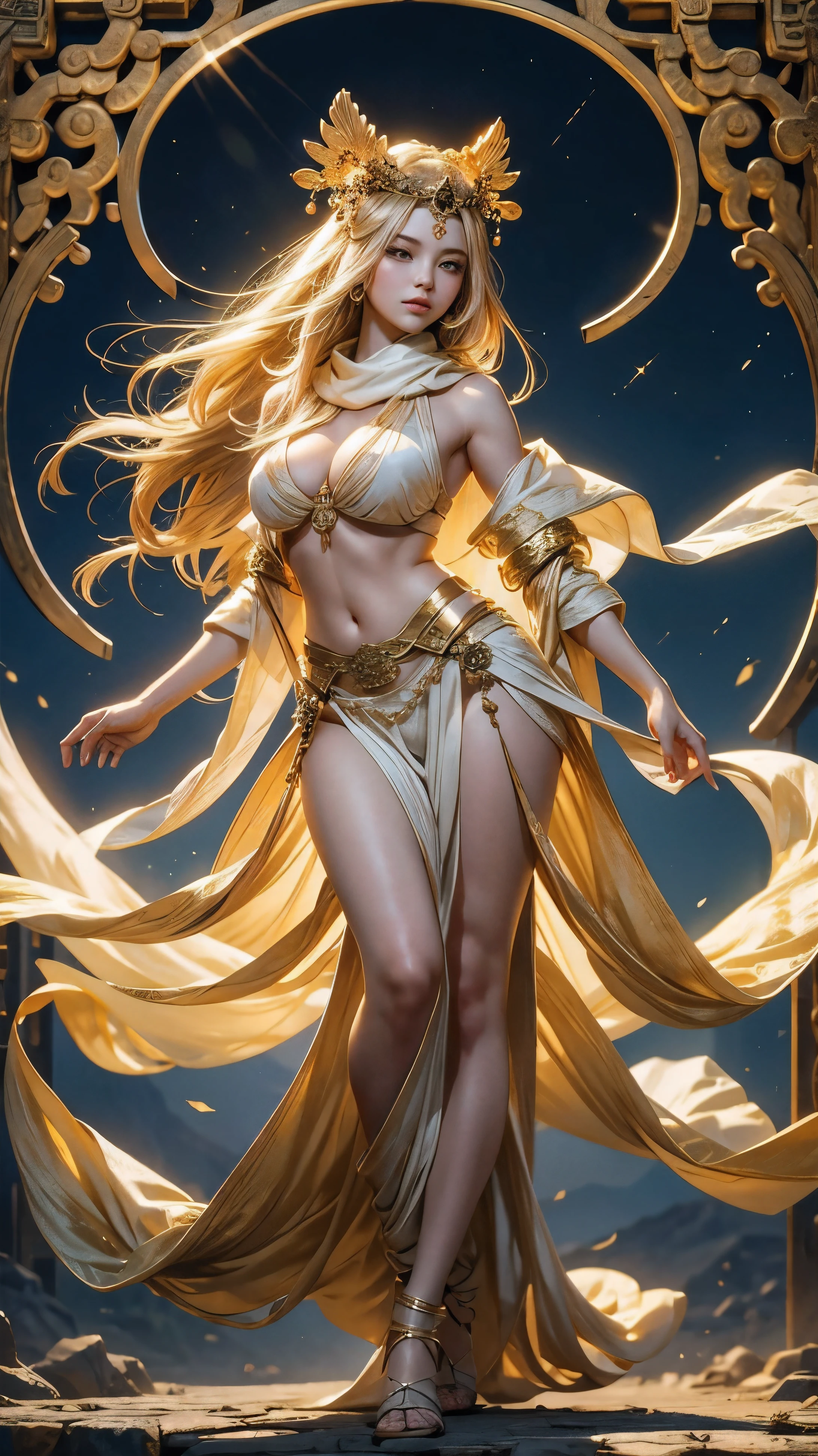 a goddess with very long golden hair, was floating against the background of a heavenly atmosphere, with rays of light. her slender body with big tits and long legs, smooth white skin, a scarf coiled and floating around her wrist, her hair decorated with oriental ornaments typical of ancient China, her body wrapped in thin ancient Chinese clothing that clearly shows the curves of her body