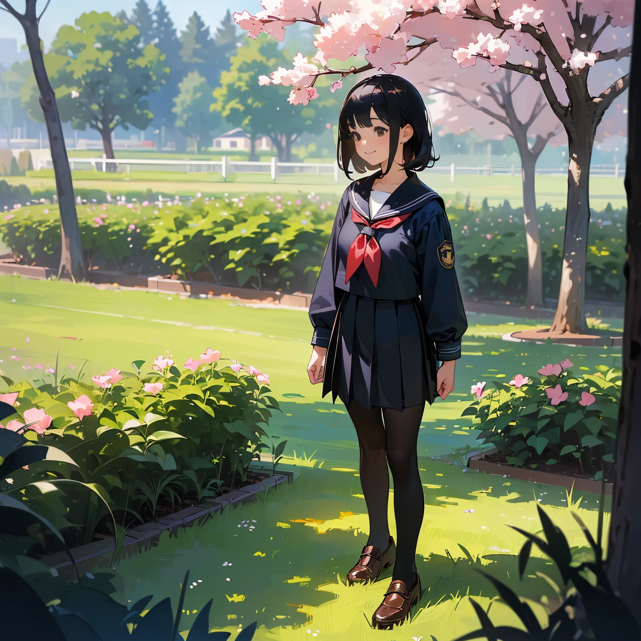 (highest quality,High resolution,super detailed,realistic:1.37),peaceful atmosphere,(outdoor,garden,Cherry tree),teenage girl standing alone,beautiful detailed features,cute smile,(black bob hair),navy sailor suit,pleated skirt,black tights,brown leather shoes.